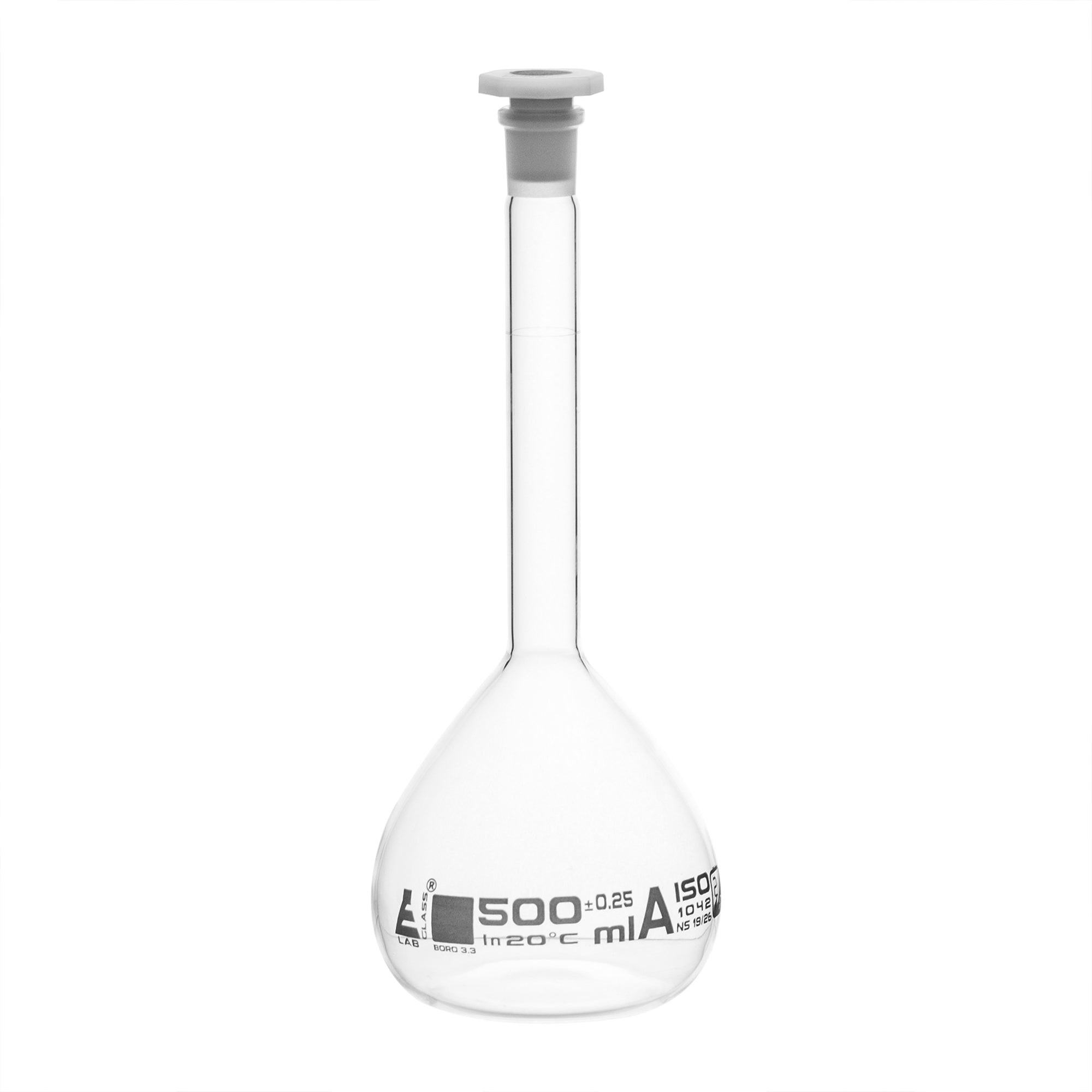 Borosilicate Glass Volumetric Flask with Polyethylene Stopper, 500ml, Class A, White Print, Autoclavable