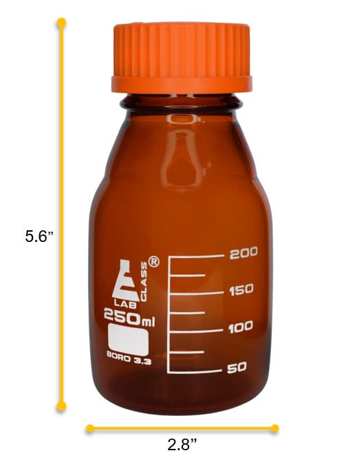 Amber Borosilicate Glass Reagent Bottle with Screw Cap, 250 ml with Graduations, Autoclavable