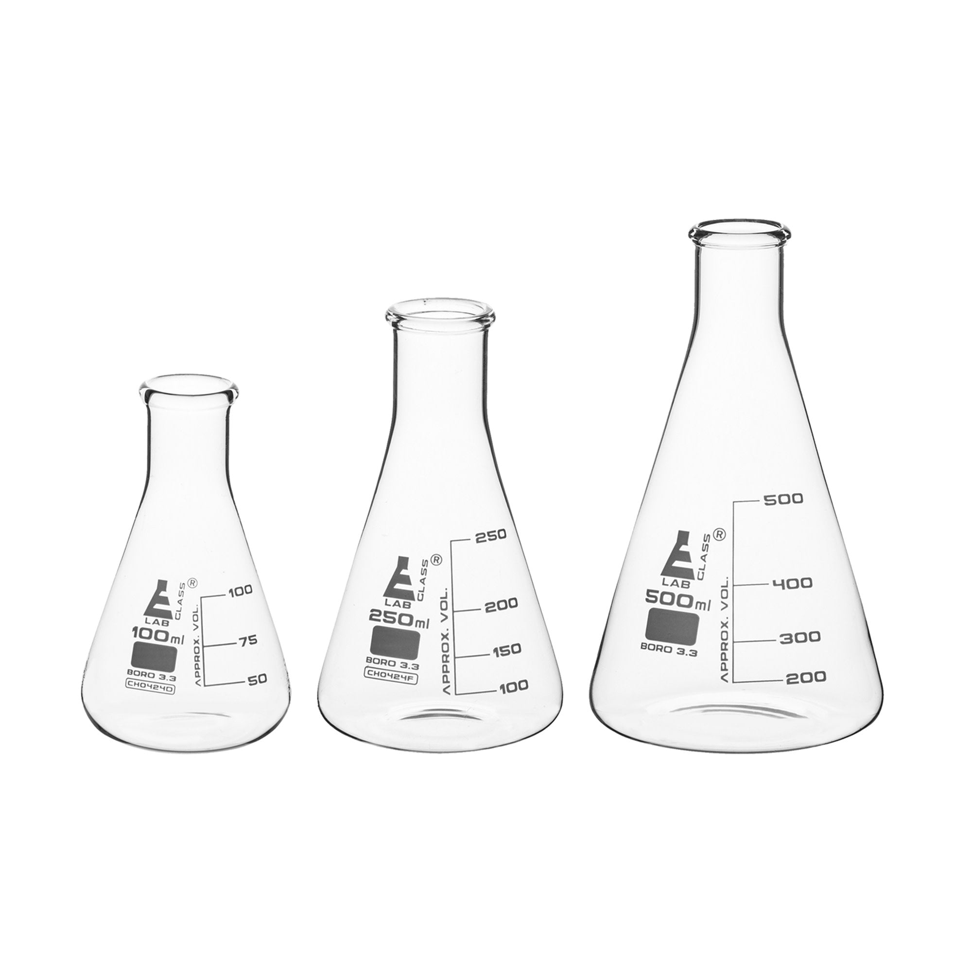 Borosilicate Glass Safety Pack Erlenmeyer Flask Set (100ml, 250ml & 500ml), Graduated, Autoclavable