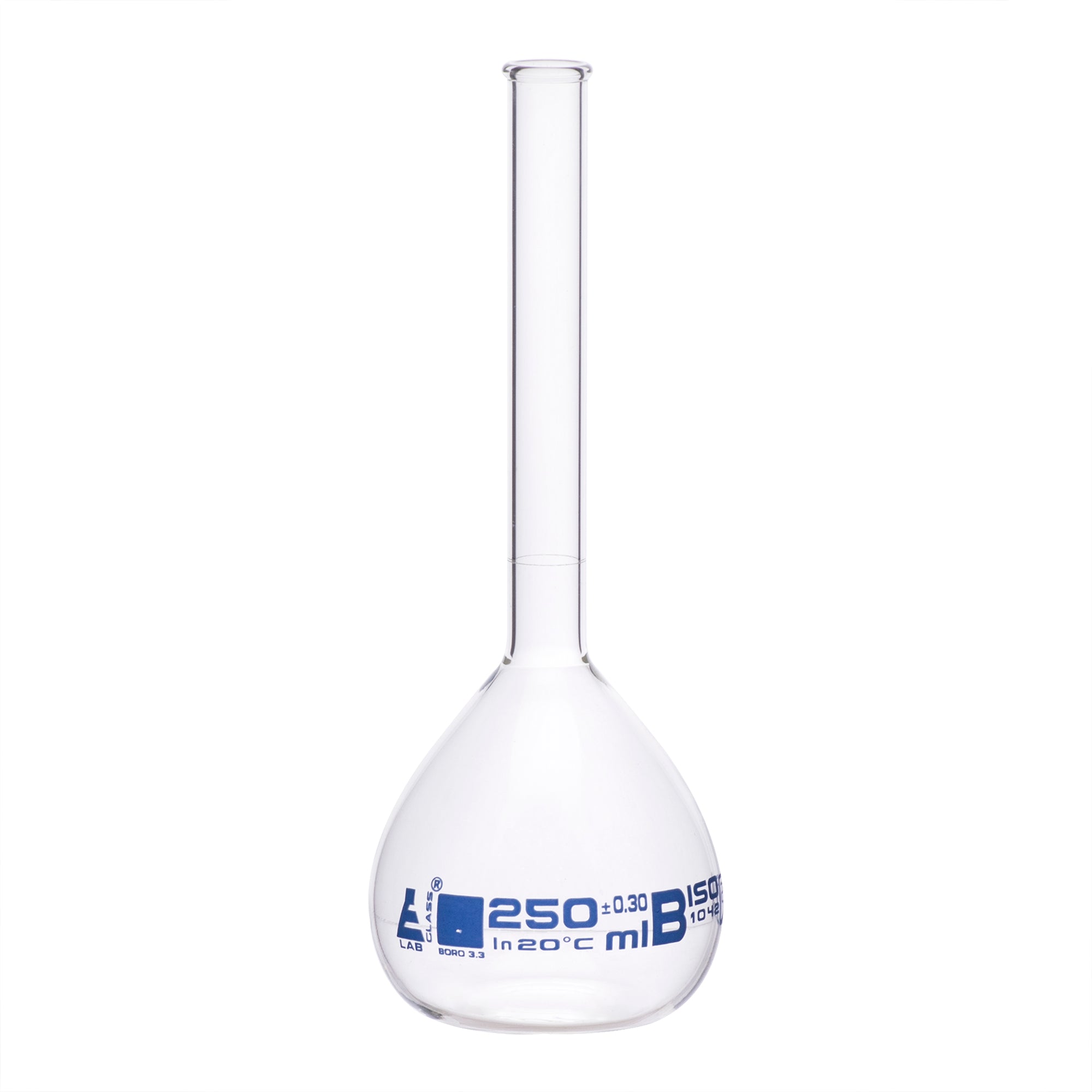 Borosilicate Glass Volumetric Flask with Beaded Rim, 250ml, Class B, Blue Print, Autoclavable