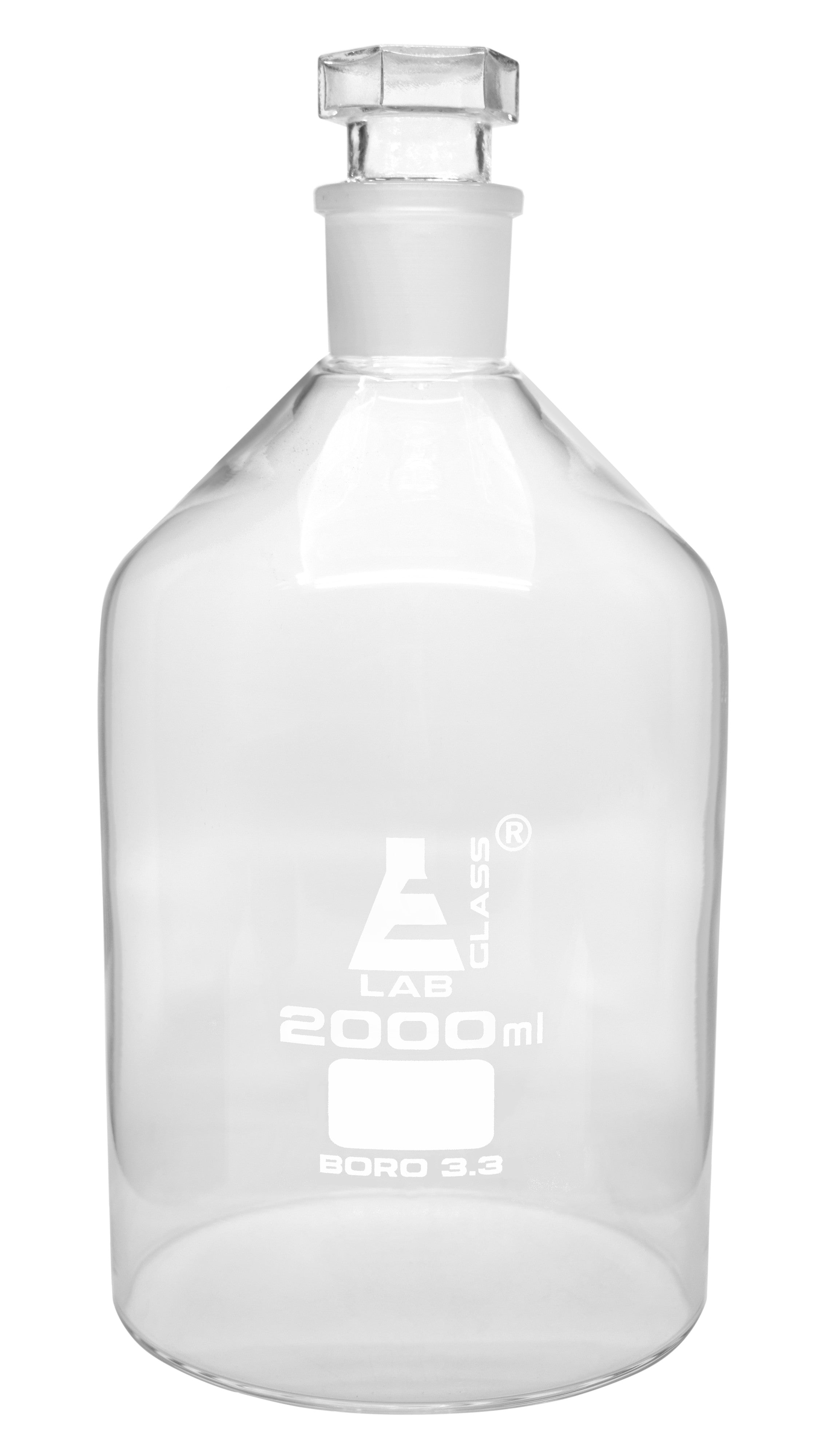 Clear Borosilicate Glass Reagent Bottle with Hollow Glass Stopper, 2000 ml (2 L), Narrow Mouth, Autoclavable