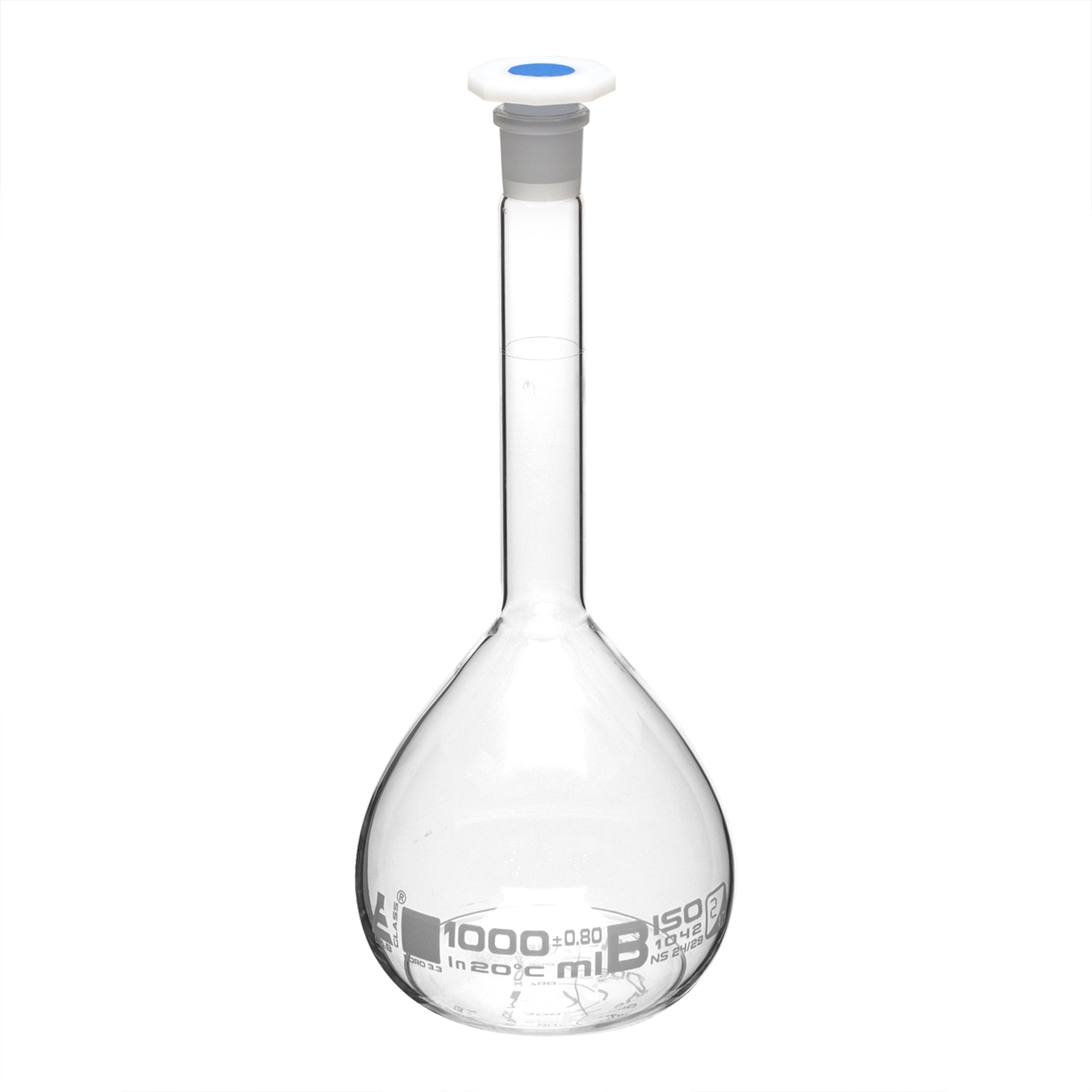 Borosilicate Glass Volumetric Flask with Polyethylene Stopper, 1000ml, Class B, White Print, Autoclavable