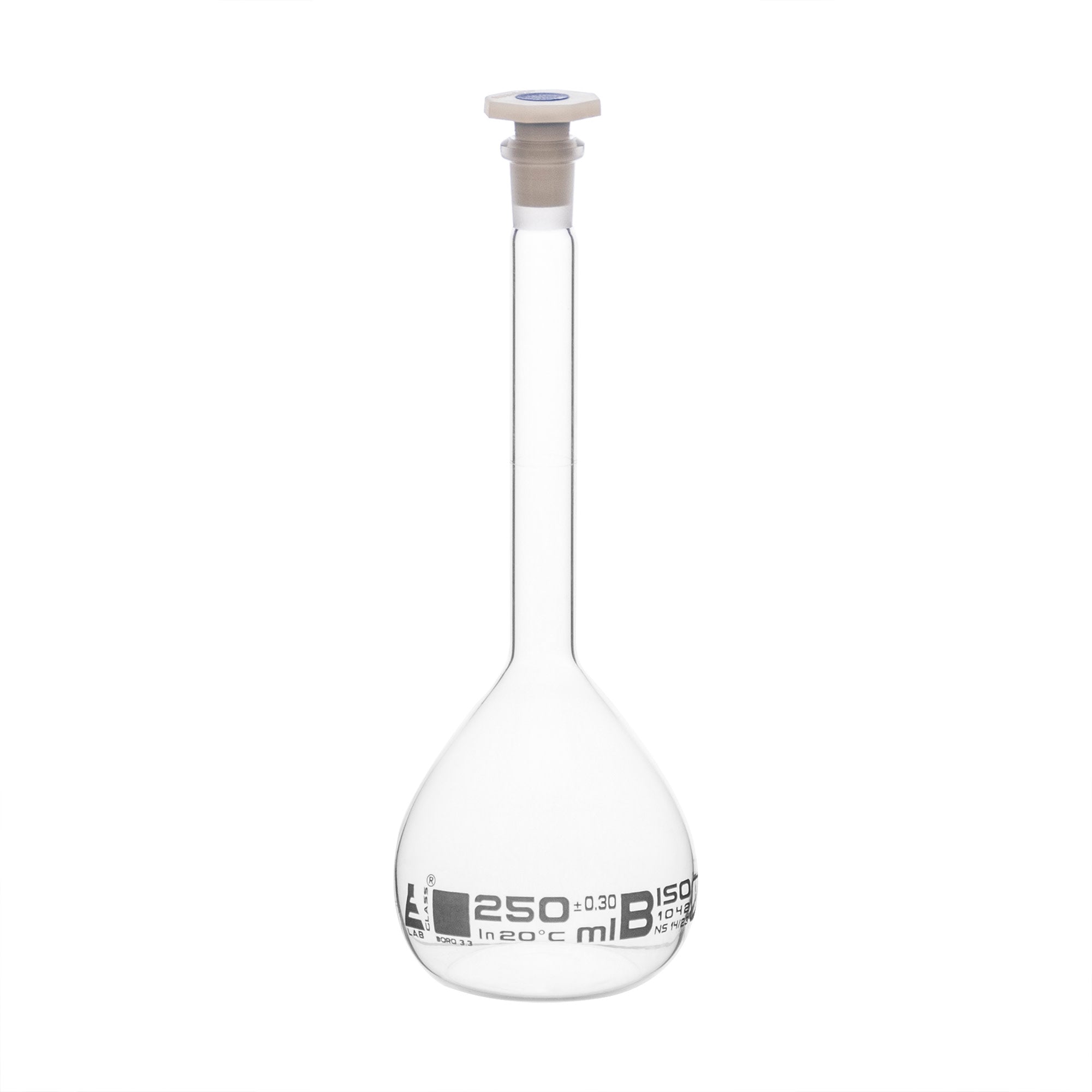 Borosilicate Glass Volumetric Flask with Polyethylene Stopper, 250ml, Class B, White Print, Autoclavable