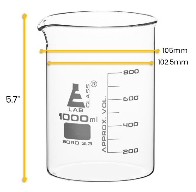 Borosilicate Low Form Beaker, 1000ml, 100ml Graduation, Autoclavable