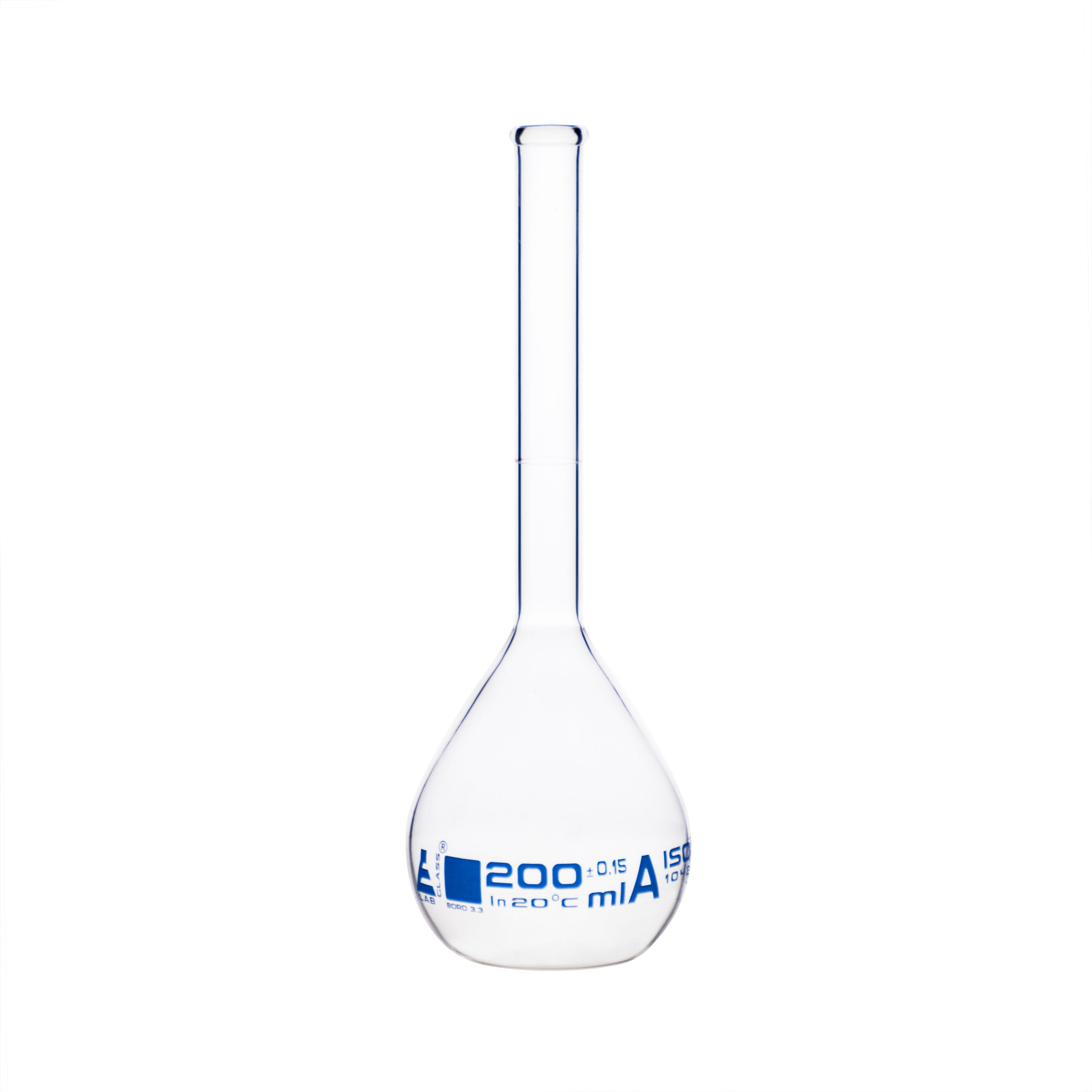 Borosilicate Glass Volumetric Flask with Beaded Rim, 200ml, Class A, Blue Print, Autoclavable