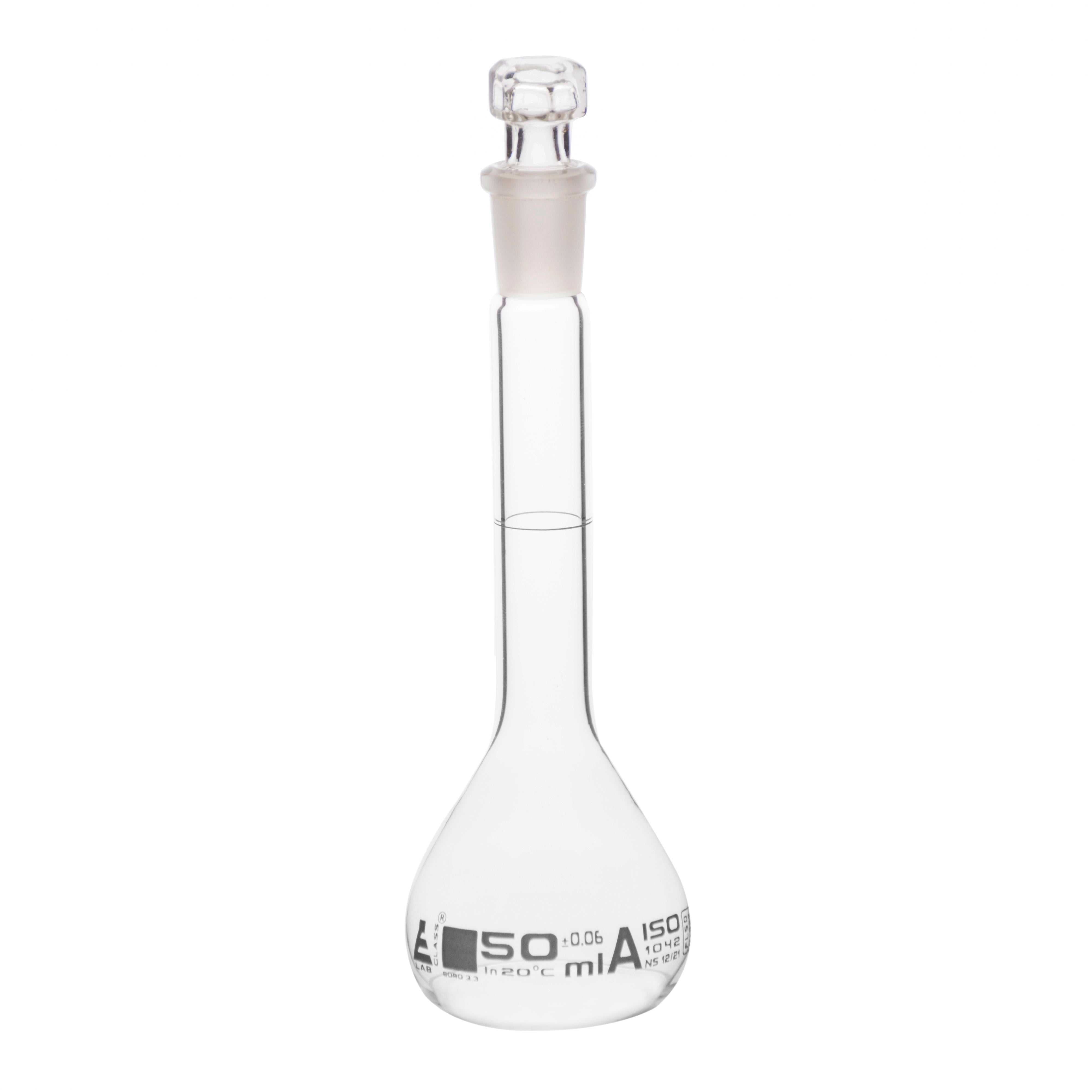 Borosilicate Volumetric Flask with Hollow Glass Stopper, 50ml, Class A, White Print, Autoclavable