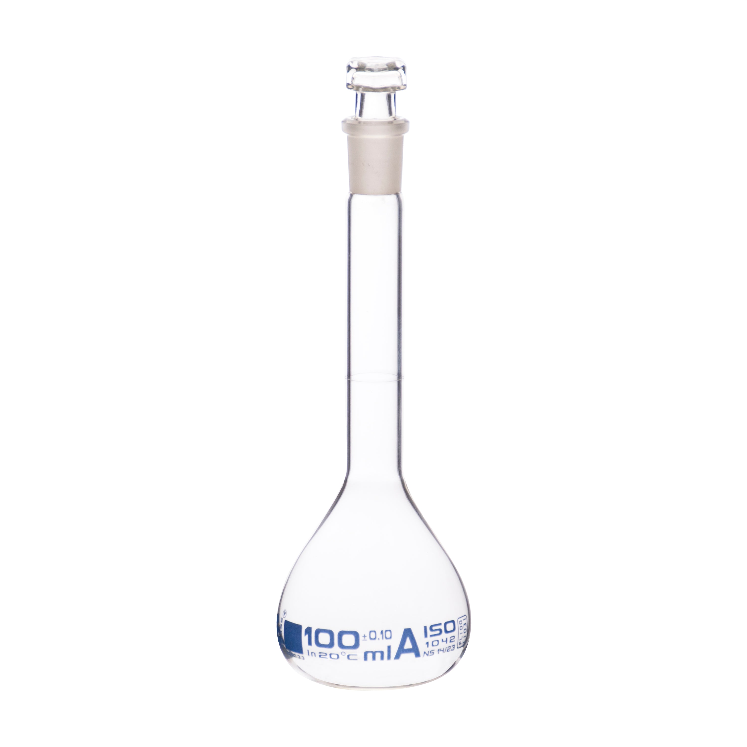 Borosilicate Volumetric Flask with Hollow Glass Stopper, 100ml, Class A, Blue Print, Autoclavable