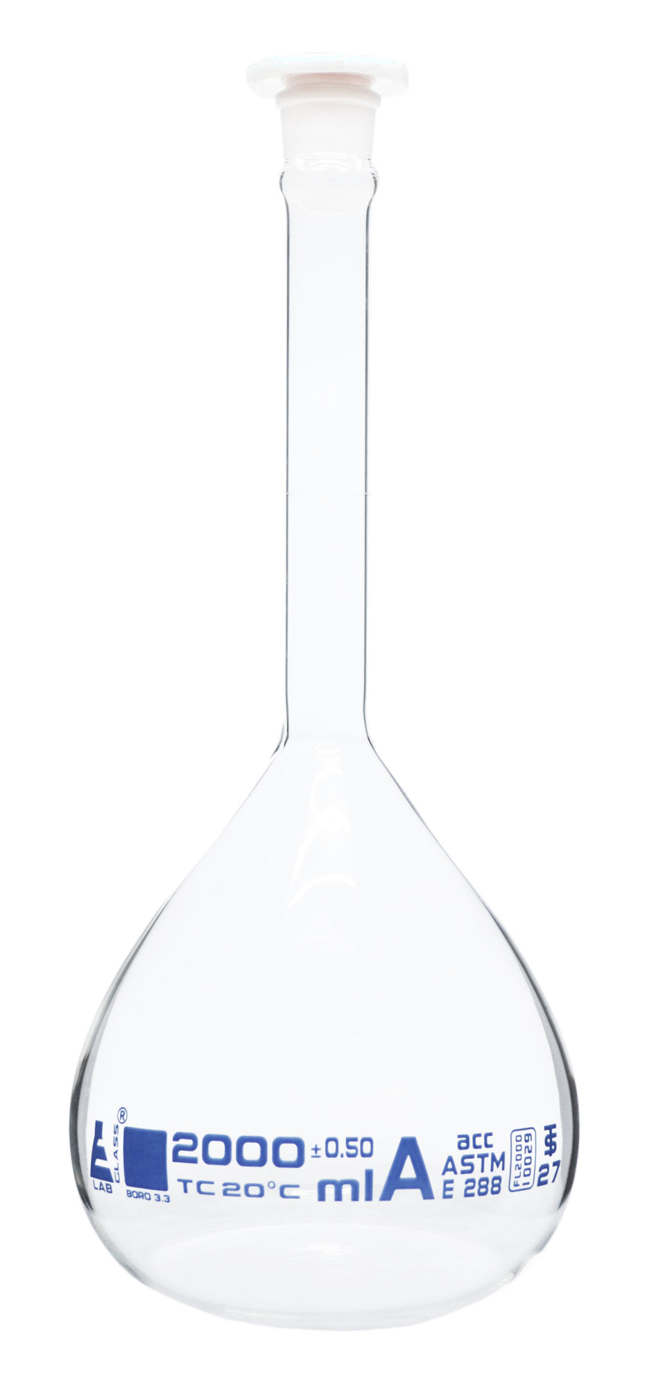 Borosilicate Volumetric Flask with Polyethylene Stopper, 2000 ml, Class A, Blue Print, ASTM, Autoclavable