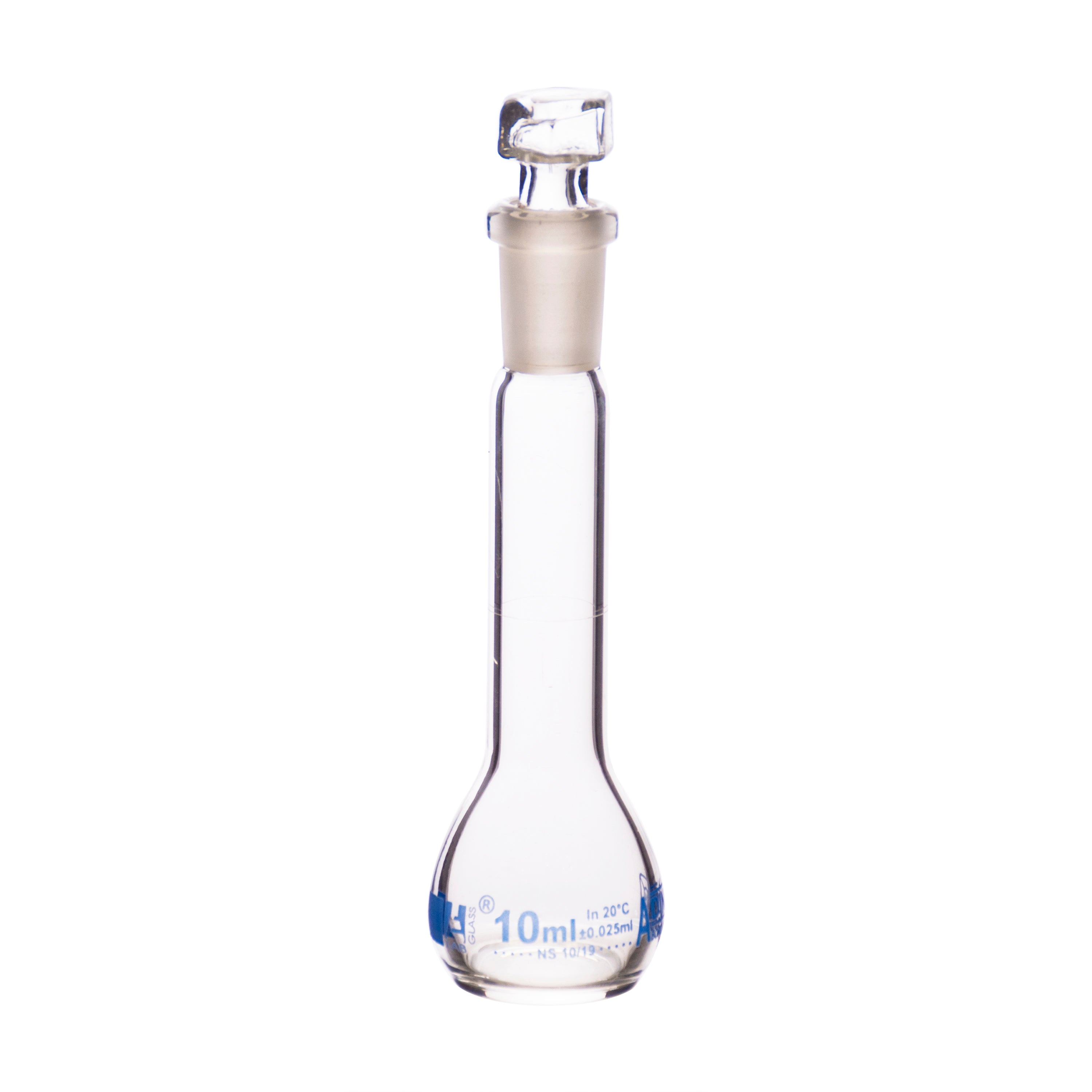 Borosilicate Volumetric Flask with Hollow Glass Stopper, 10ml, Class A, Blue Print, Autoclavable