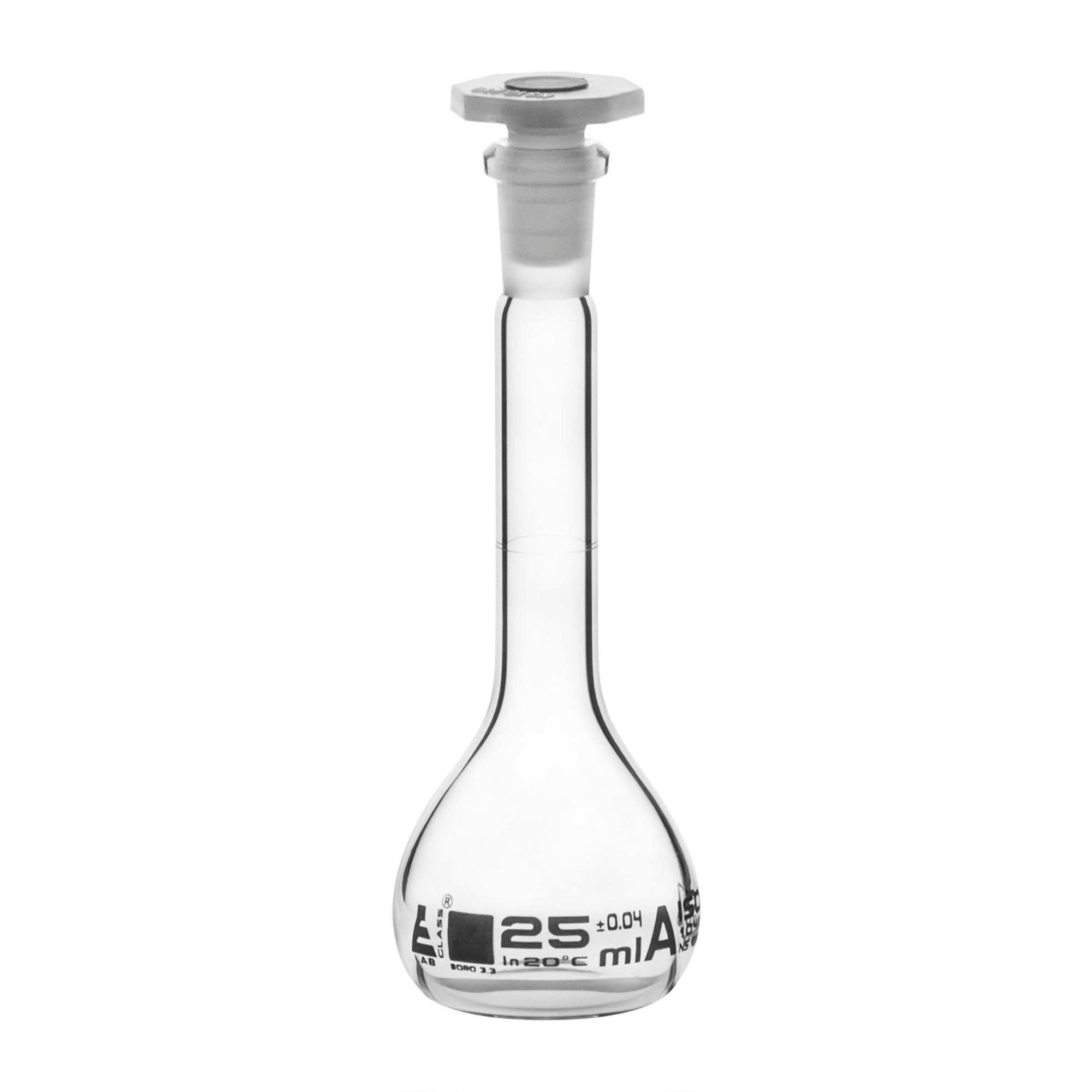 Borosilicate Glass Volumetric Flask with Polyethylene Stopper, 25ml, Class A, White Print, Autoclavable