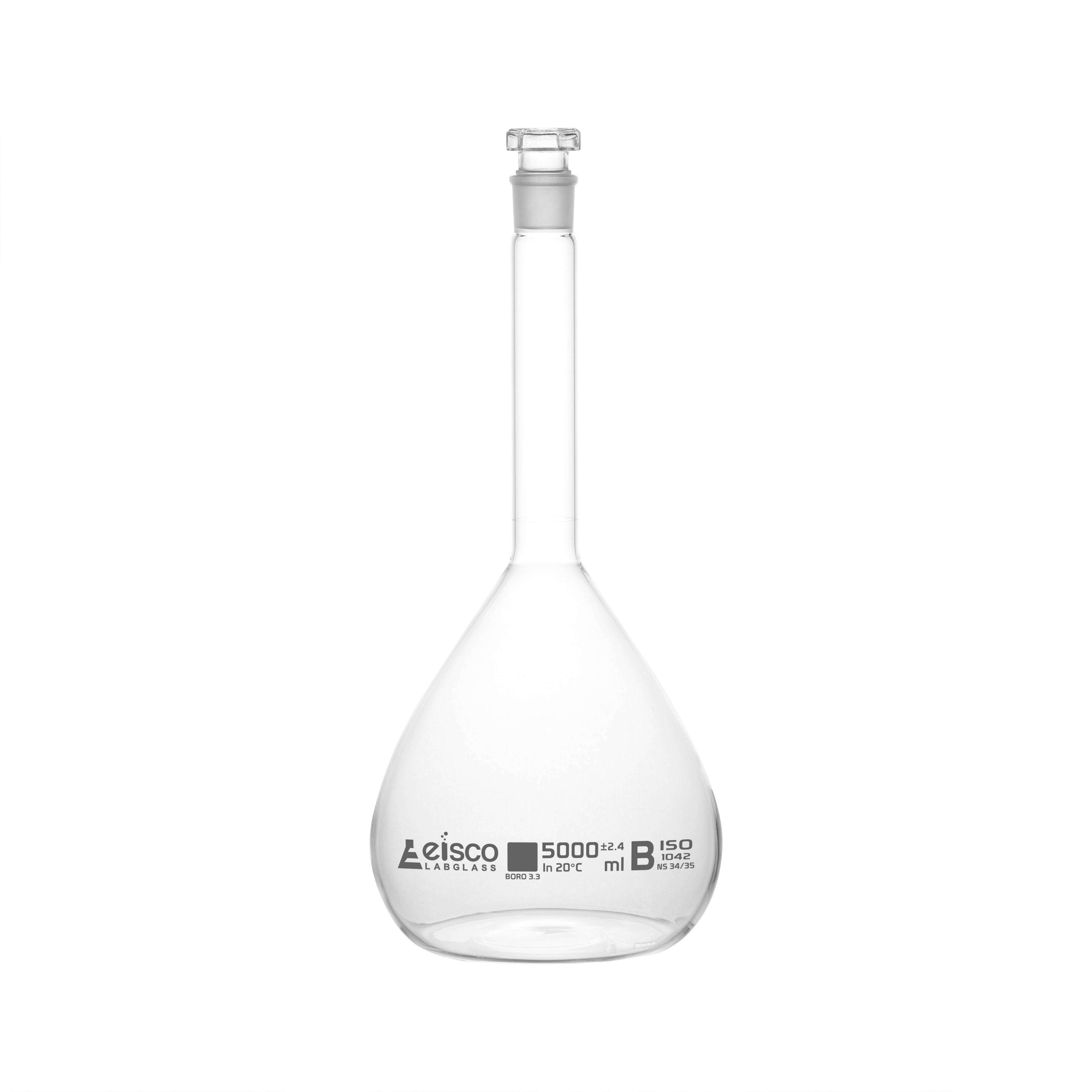 Borosilicate Volumetric Flask with Hollow Glass Stopper, 5000ml, Class B, White Print, Autoclavable