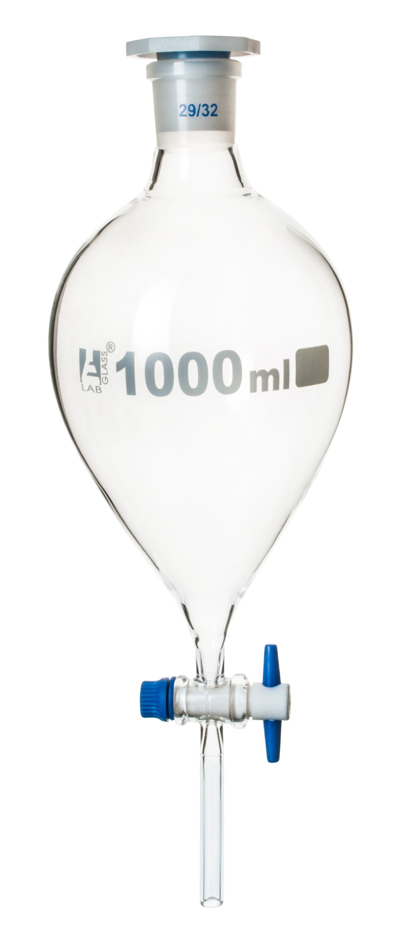 Glass Squibb Separatory Funnel with PTFE Key Stopcock and Interchangeable Polypropylene Stopper, 1,000 ml, Autoclavable