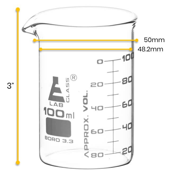 Borosilicate ASTM Low Form Beaker, 100ml, 10ml Graduation, Autoclavable