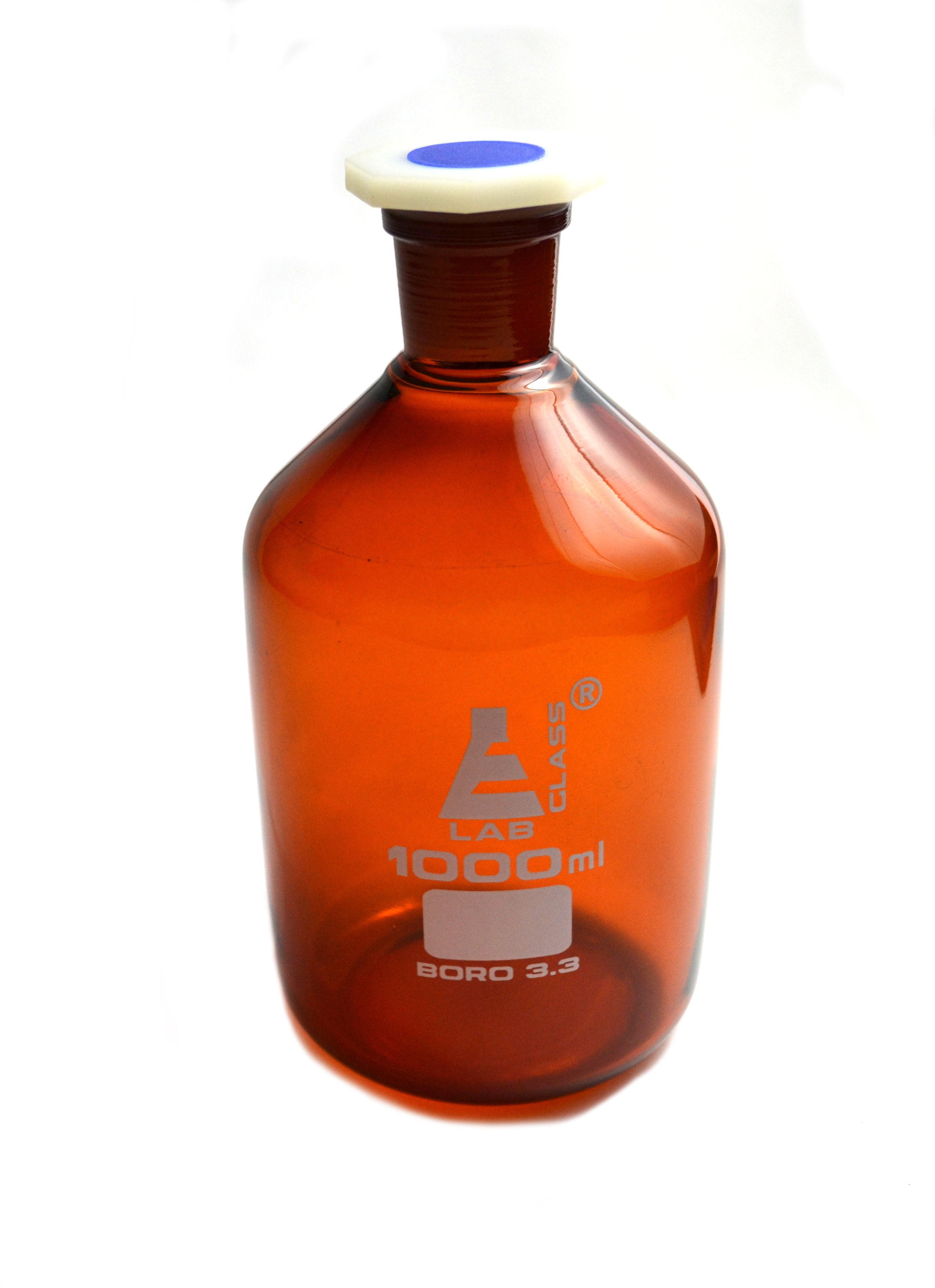 Amber Borosilicate Glass Reagent Bottle with Polyethylene Stopper, 1000 ml, Narrow Mouth,  Autoclavable