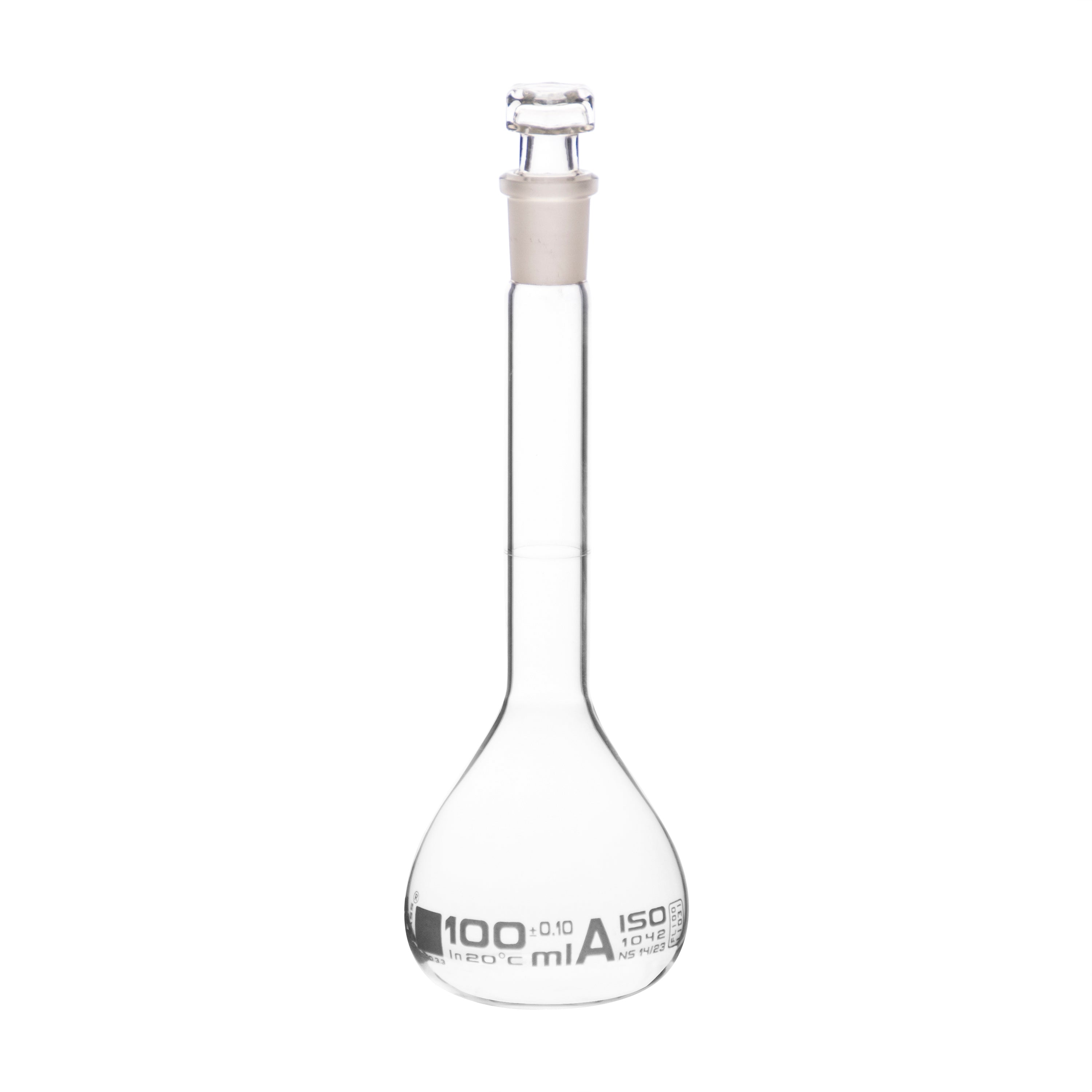 Borosilicate Volumetric Flask with Hollow Glass Stopper, 100ml, Class A, White Print, Autoclavable