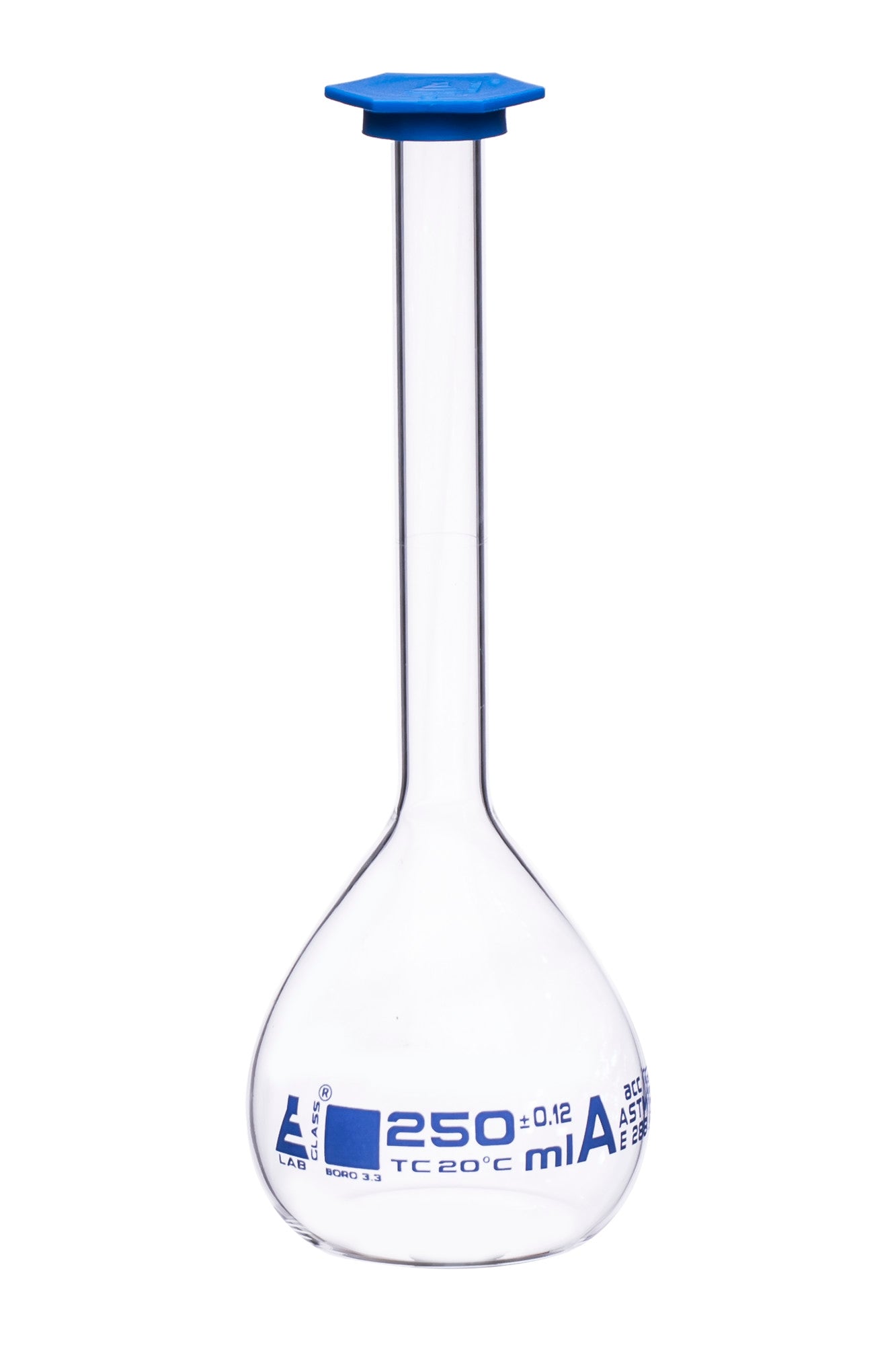 Borosilicate Volumetric Flask with Polyethylene Snap Cap, 250 ml, Class A, Blue Print, ASTM, Autoclavable