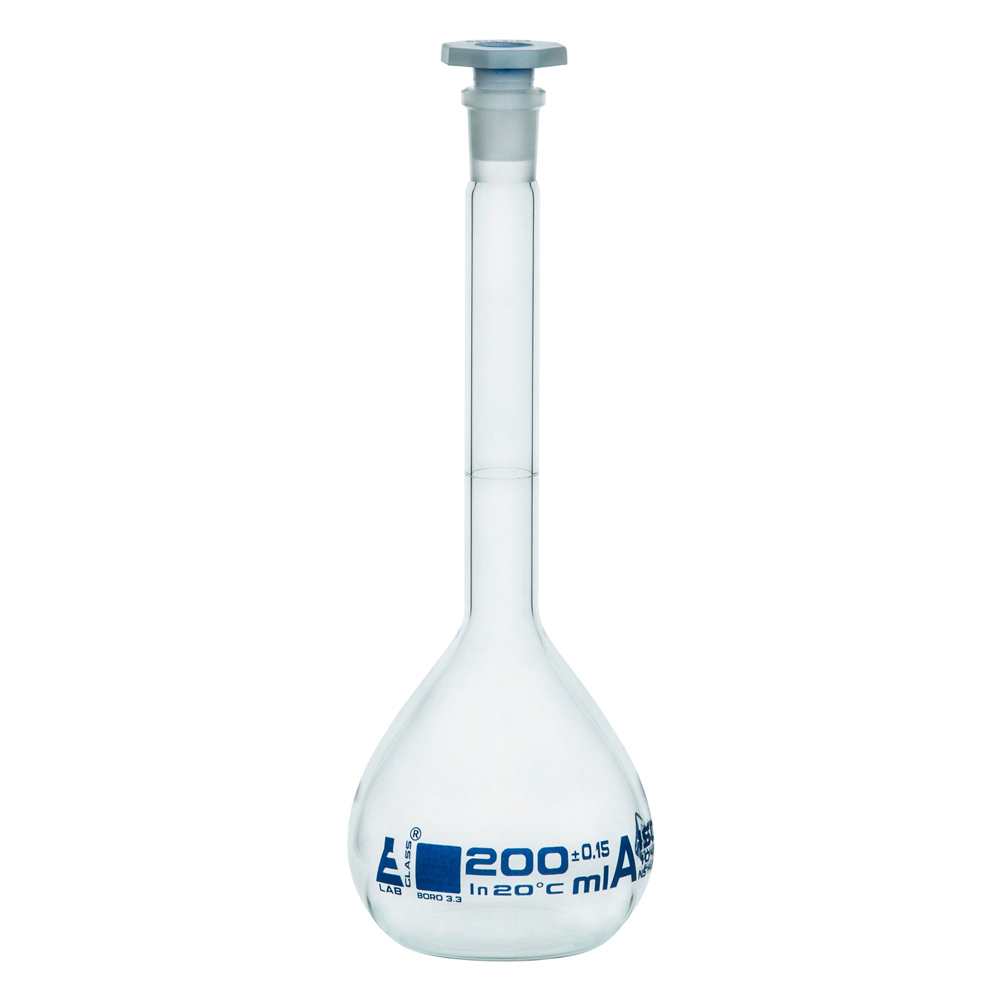 Borosilicate Glass Volumetric Flask with Polyethylene Stopper, 200ml, Class A, Blue Print, Autoclavable