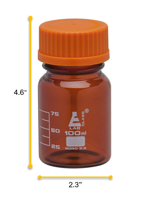 Amber Borosilicate Glass Reagent Bottle with Screw Cap, 100 ml with Graduations, Autoclavable