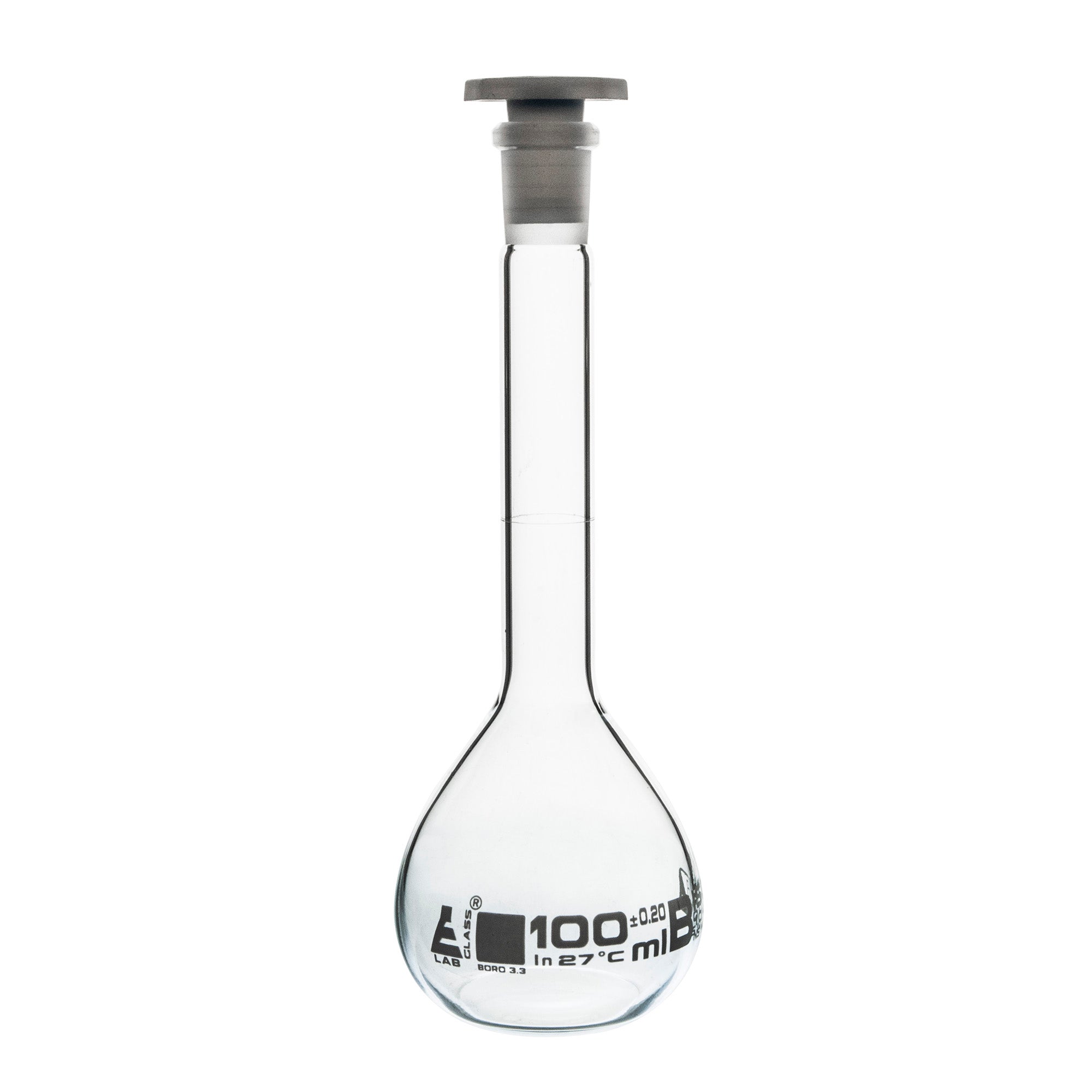 Borosilicate Glass Volumetric Flask with Polyethylene Stopper, 100ml, Class B, White Print, Autoclavable
