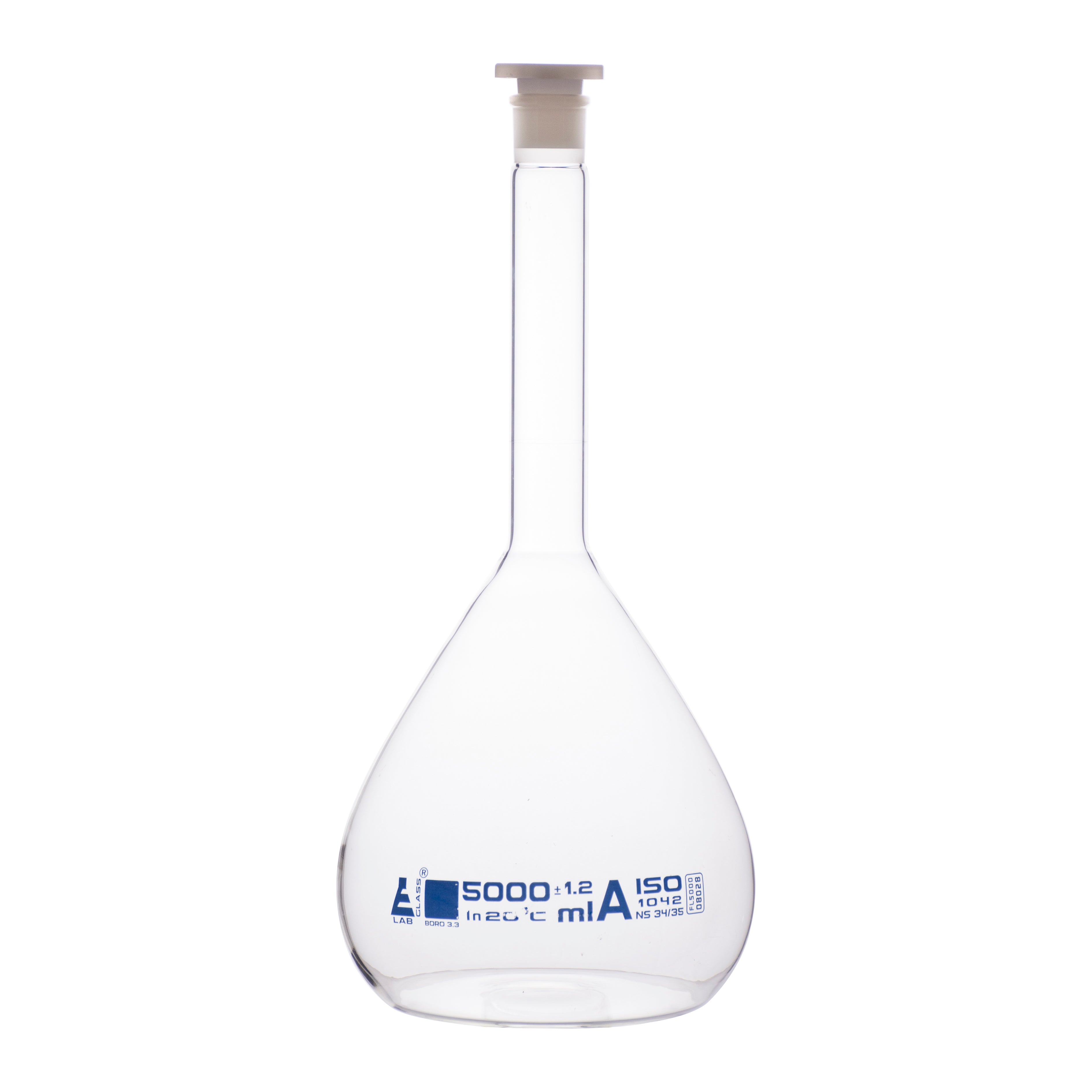 Borosilicate Glass Volumetric Flask with Polyethylene Stopper, 5000ml, Class A, Blue Print, Autoclavable