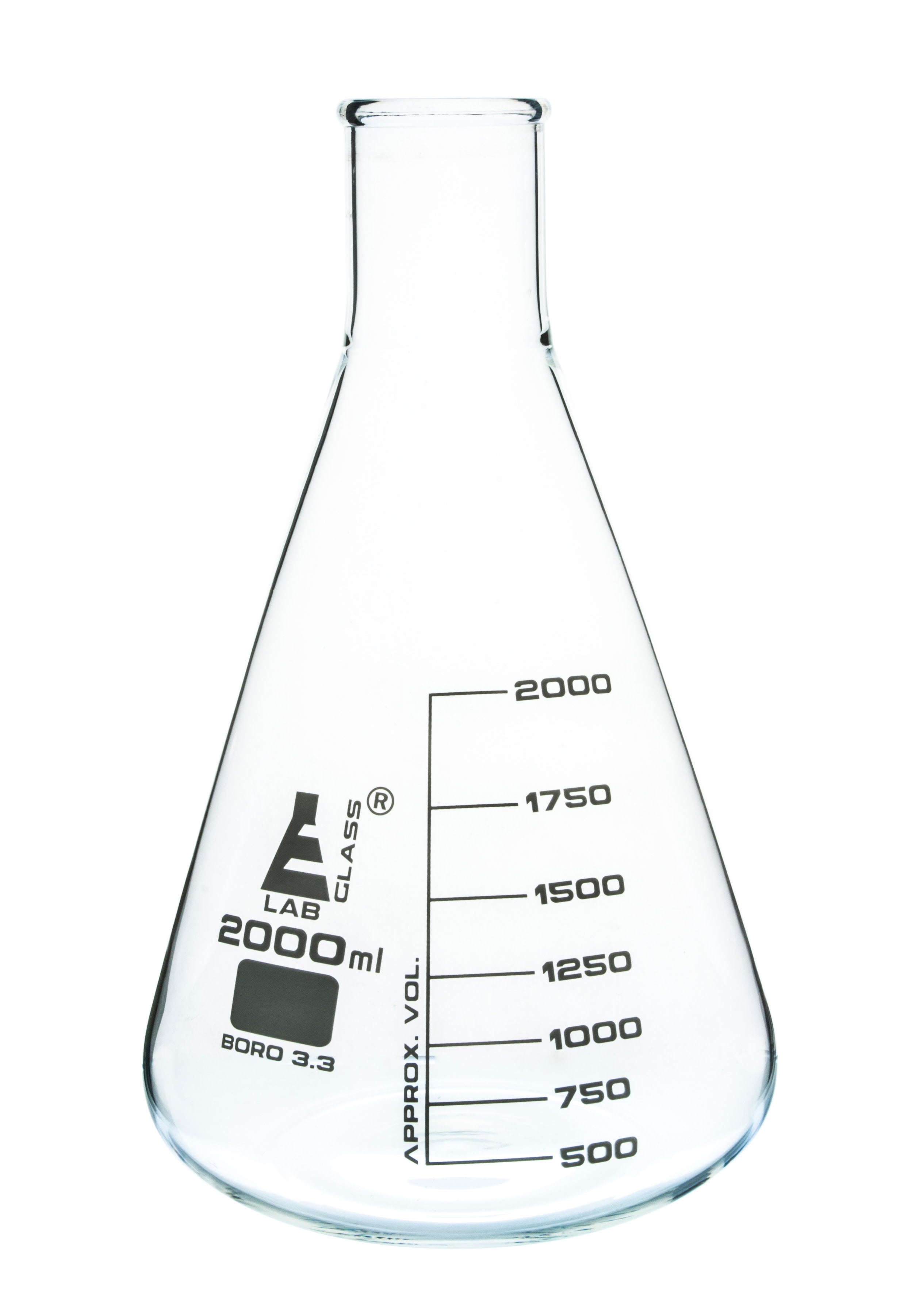 Borosilicate Glass Erlenmeyer Flask, 2000 ml, 250 ml Graduations, Autoclavable