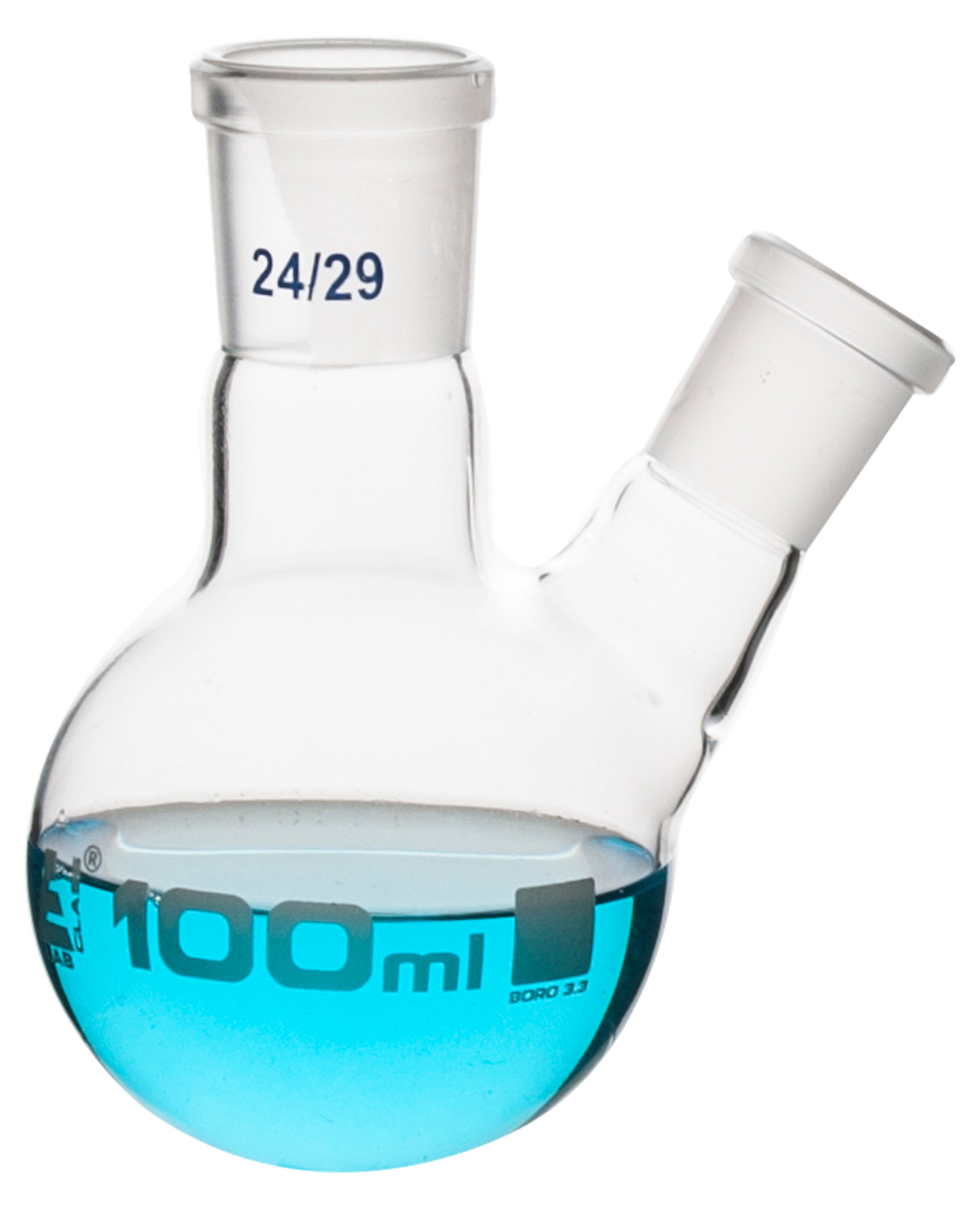 Borosilicate Glass 2 Neck Distillation Flask, 100ml, 24/29 Oblique Neck, 19/26 Side Joint, Autoclavable