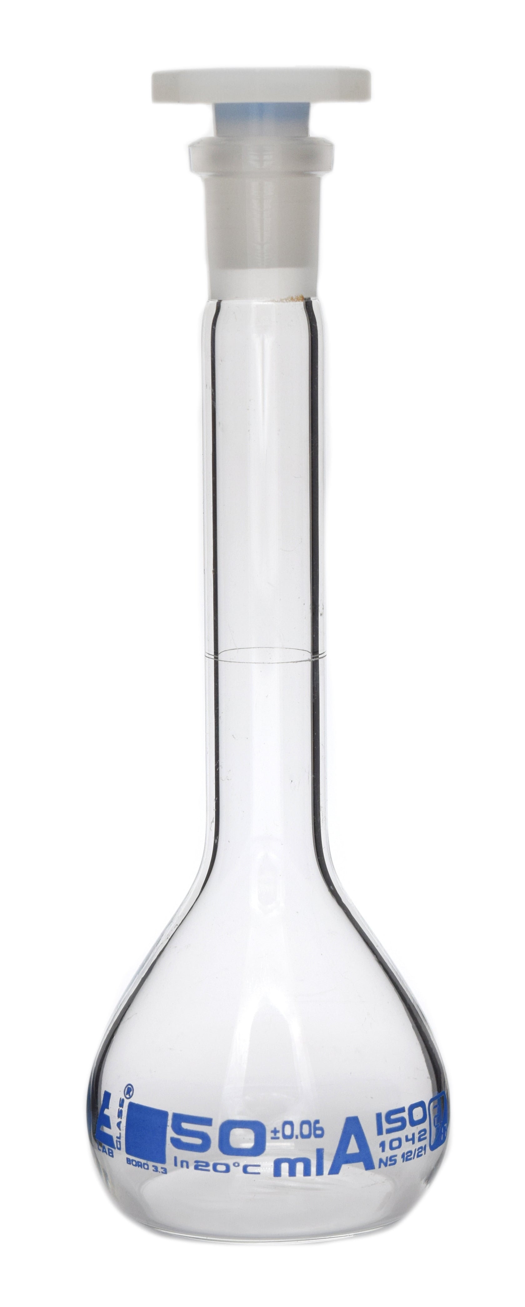 Borosilicate Glass Volumetric Flask with Polyethylene Stopper, 50ml, Class A, Blue Print, Autoclavable