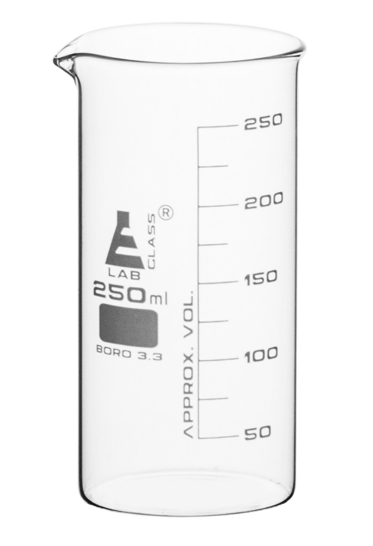 Borosilicate Tall Form Beaker, 250ml, 25ml Graduation, Autoclavable