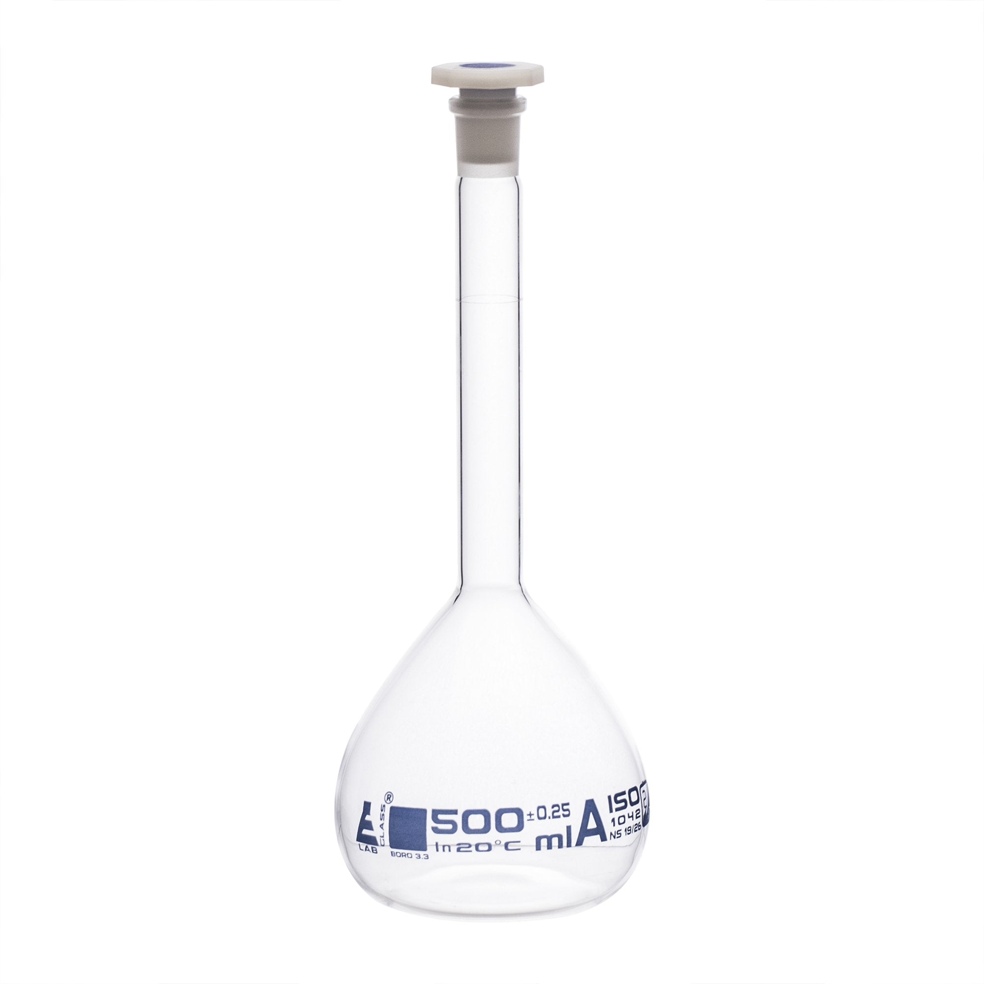 Borosilicate Glass Volumetric Flask with Polypropylene Stopper, 500 ml, Class A with Individual Work Certificate, Pack of 2,  Autoclavable