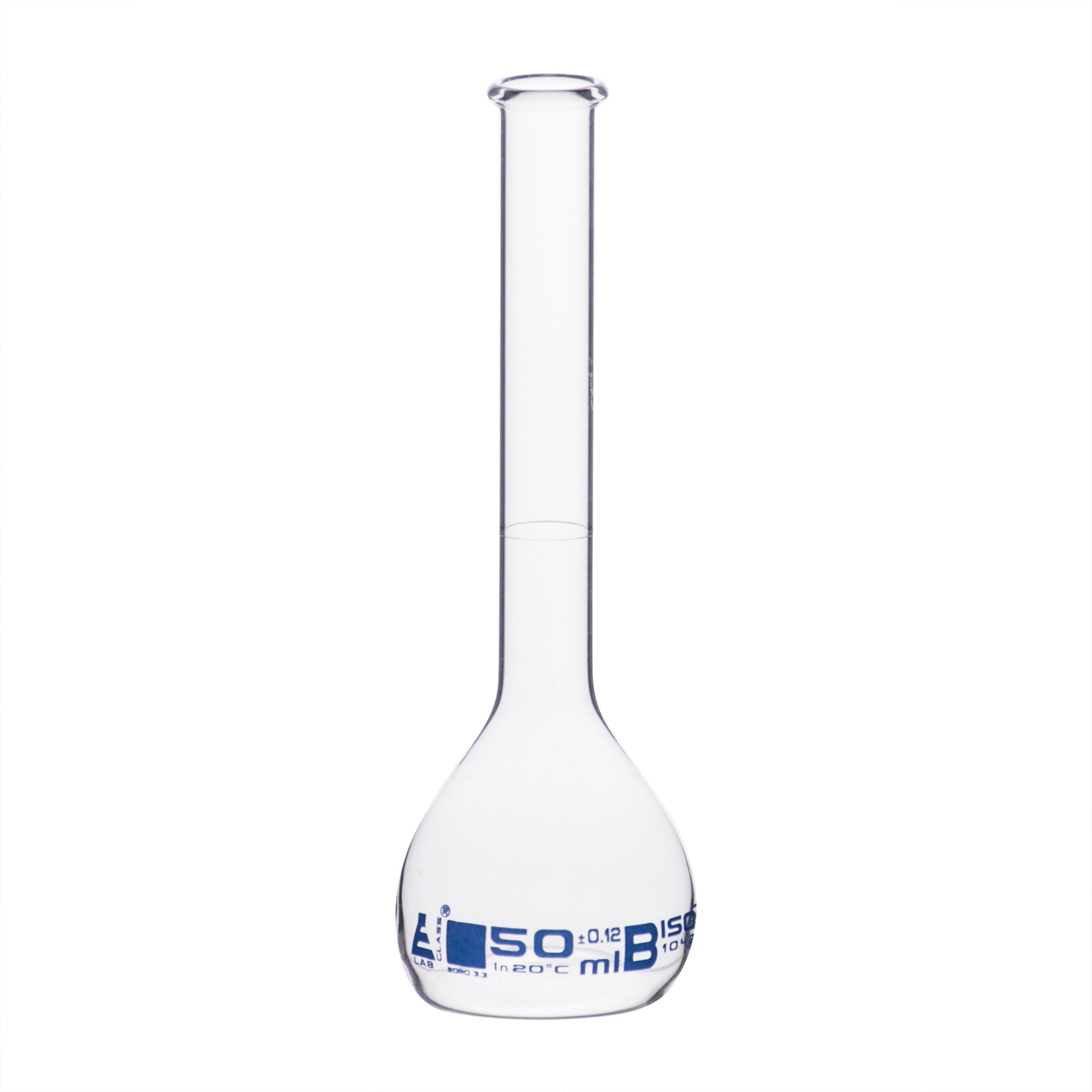 Borosilicate Glass Volumetric Flask with Beaded Rim, 50ml, Class B, Blue Print, Autoclavable
