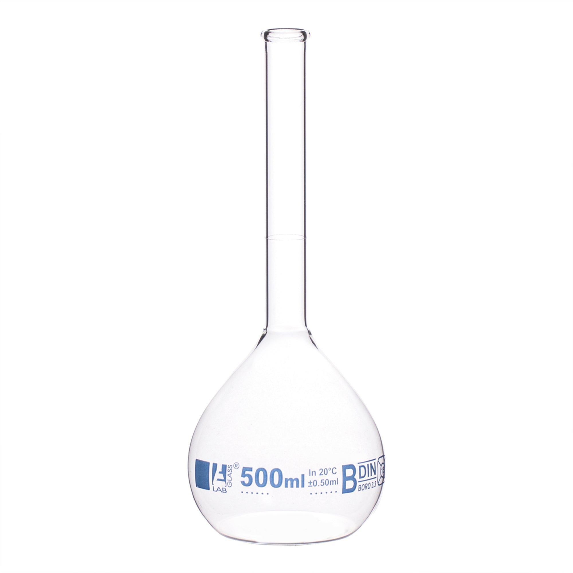 Borosilicate Glass Volumetric Flask with Beaded Rim, 500ml, Class B, Blue Print, Autoclavable