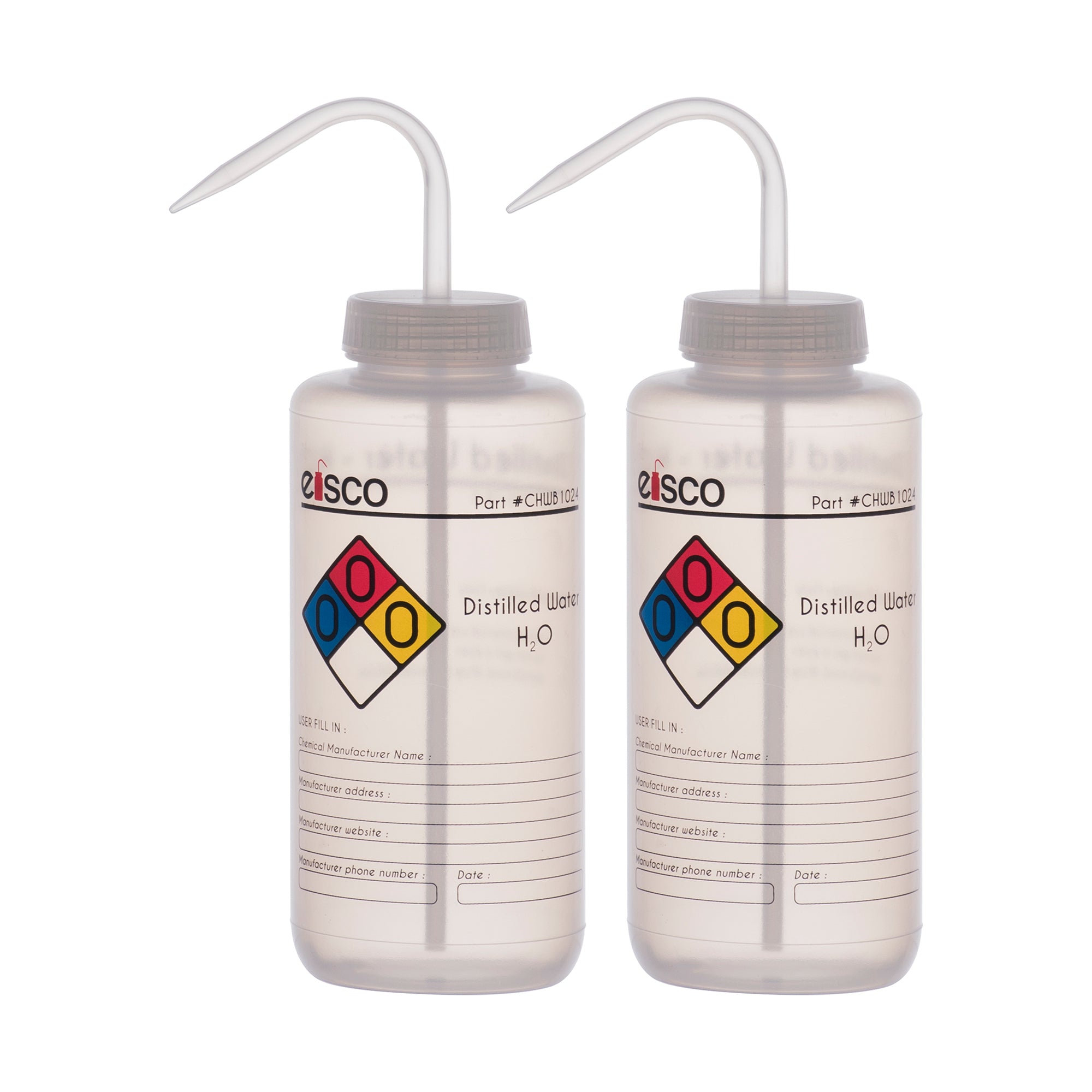 2PK Performance Plastic Wash Bottle, Distilled Water, 1000 ml - Labeled (4 Color)