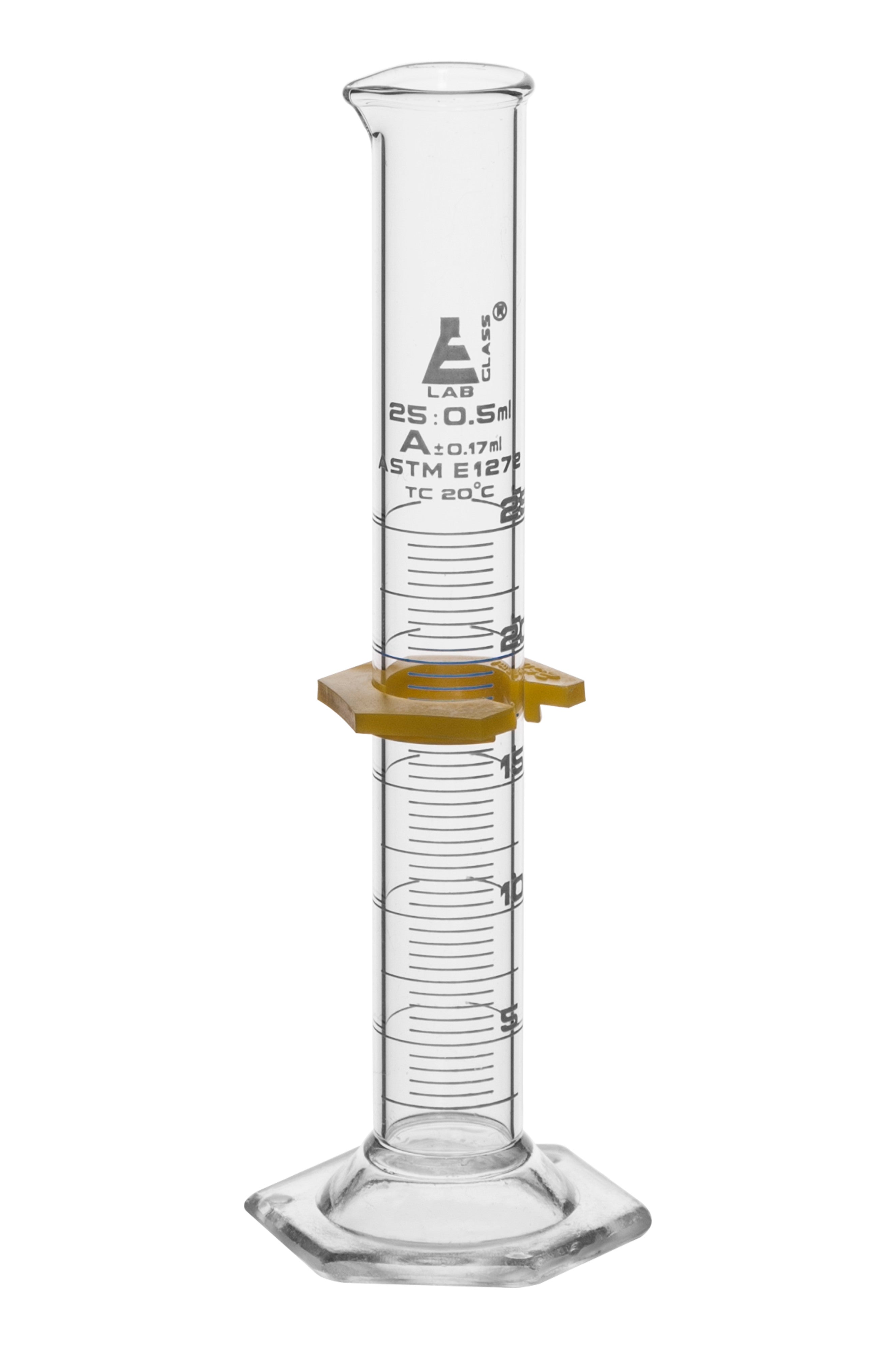 Borosilicate Glass Graduated Cylinder with Guard, 25 ml, 0.5 ml Graduation, Class A, ASTM, Autoclavable