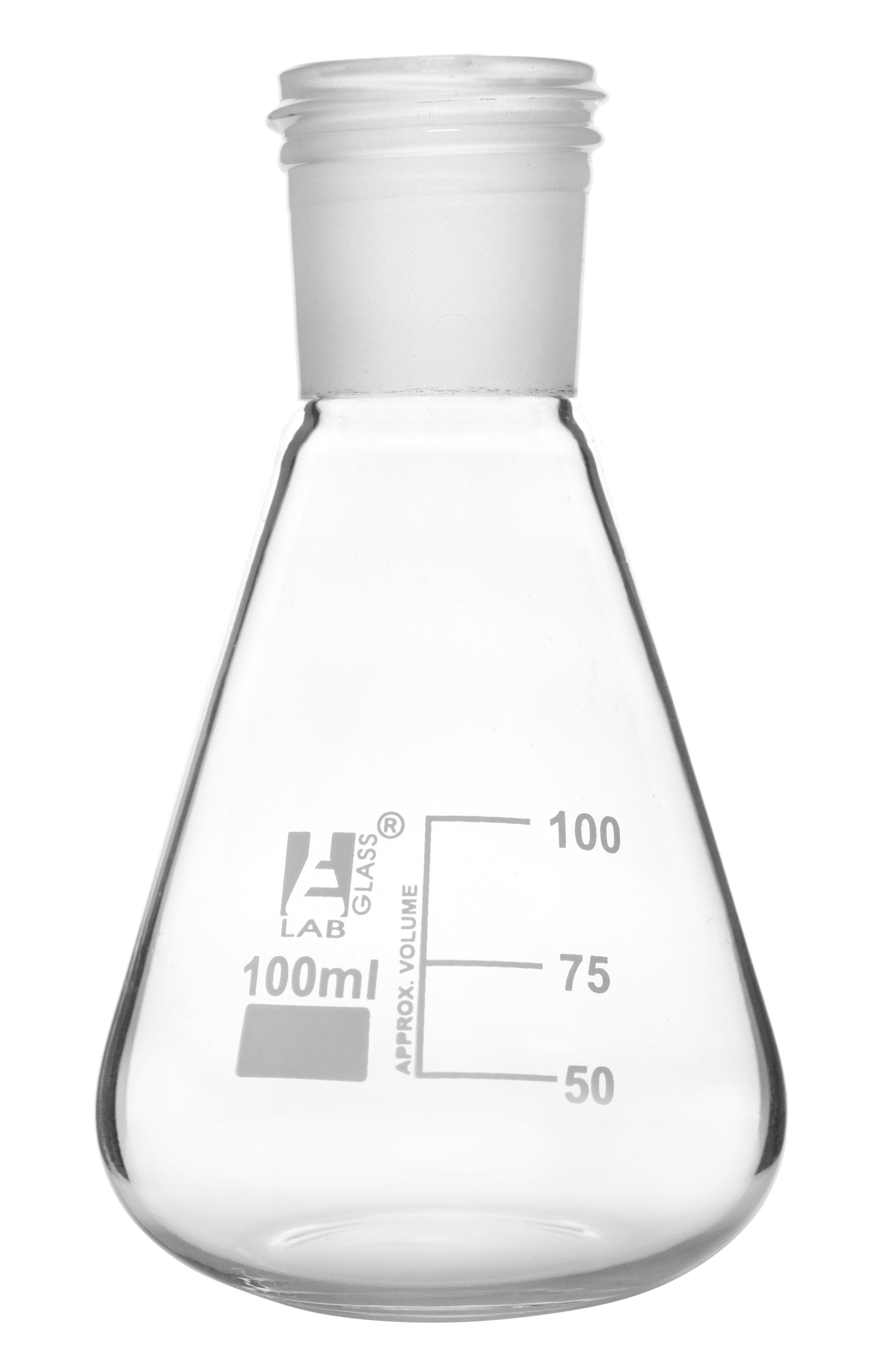 Borosilicate Glass Erlenmeyer Flask with 24/29 Screw Thread Neck Joint, 100 ml, 25 ml Graduations, Autoclavable
