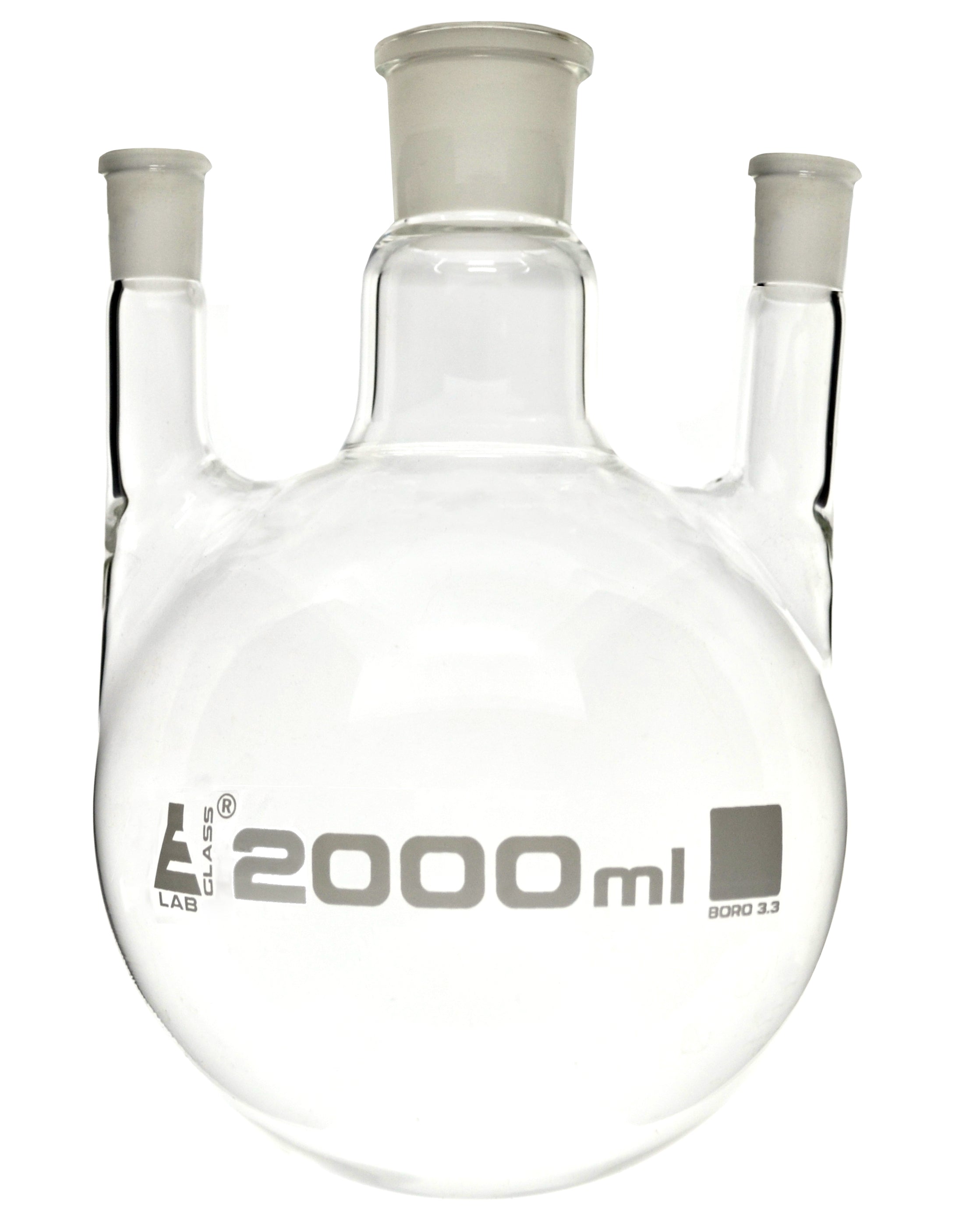 Borosilicate Glass 3 Neck Distillation Flask, 2000ml, 24/29 Parallel Neck, 19/26 Side Joint, Autoclavable