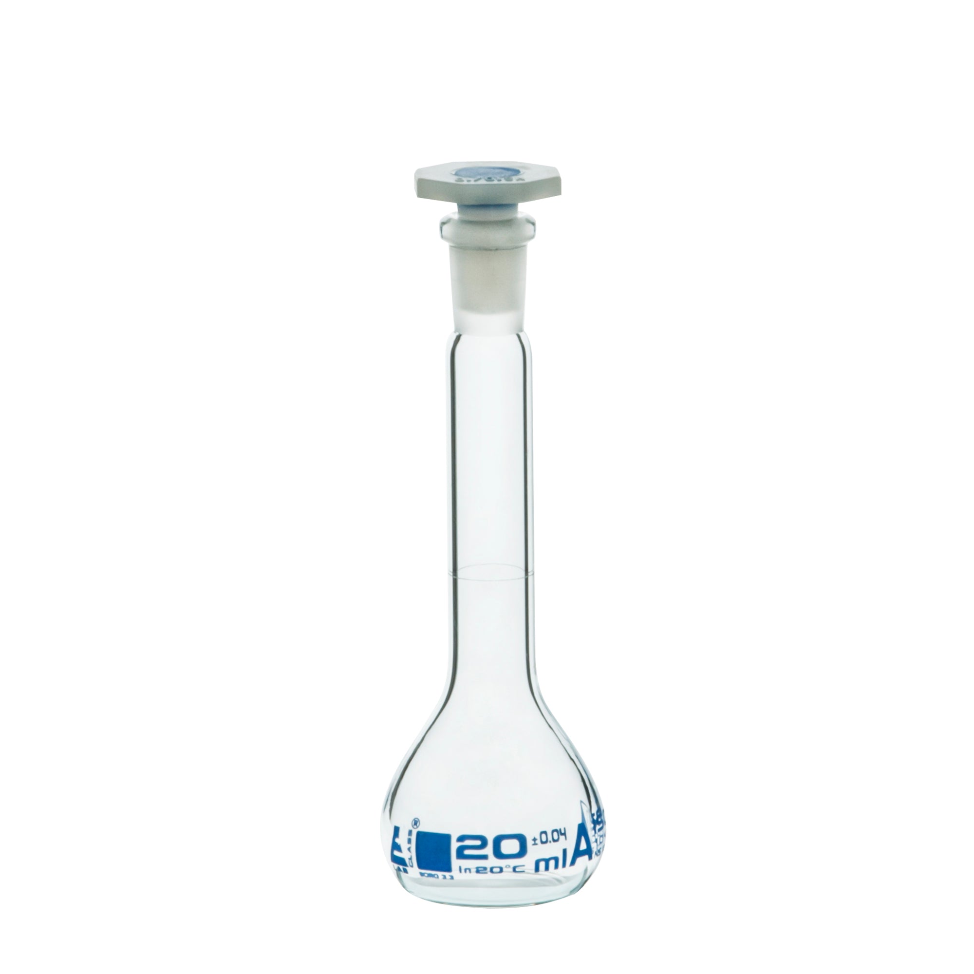 Borosilicate Glass Volumetric Flask with Polyethylene Stopper, 20ml, Class A, Blue Print, Autoclavable