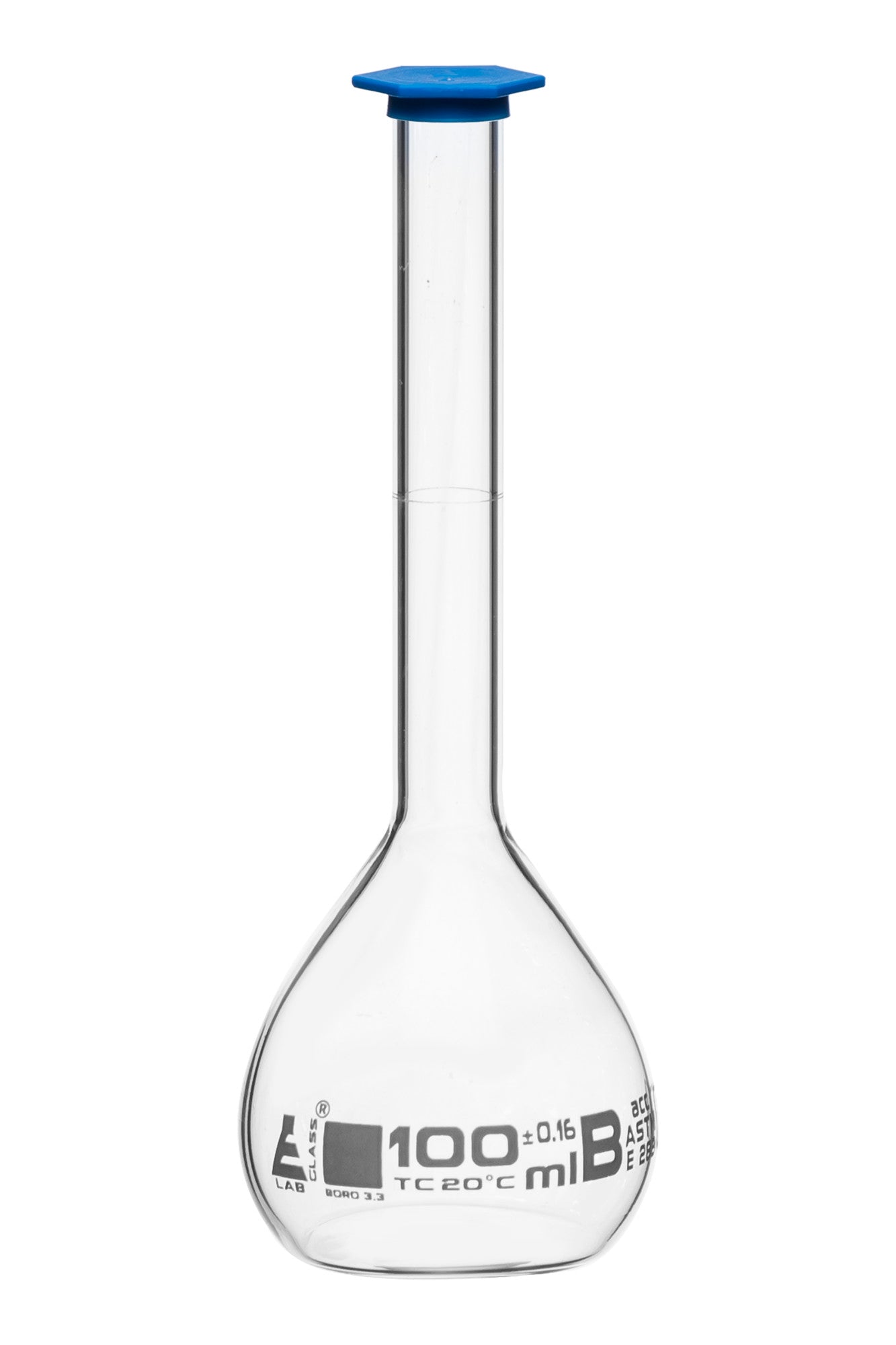 Borosilicate Volumetric Flask with Polyethylene Snap Cap, 100 ml, Class B, White Print, ASTM, Autoclavable