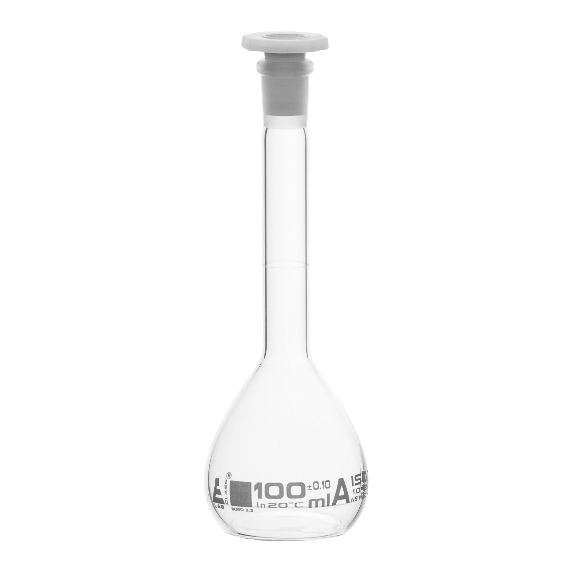 Borosilicate Glass Volumetric Flask with Polyethylene Stopper, 100ml, Class A, White Print, Autoclavable