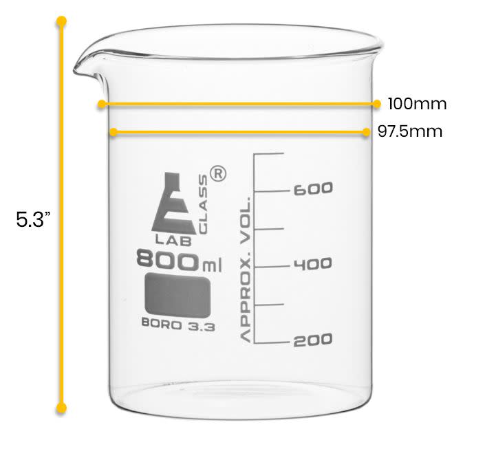 Borosilicate Low Form Beaker, 800ml, 100ml Graduation, Autoclavable