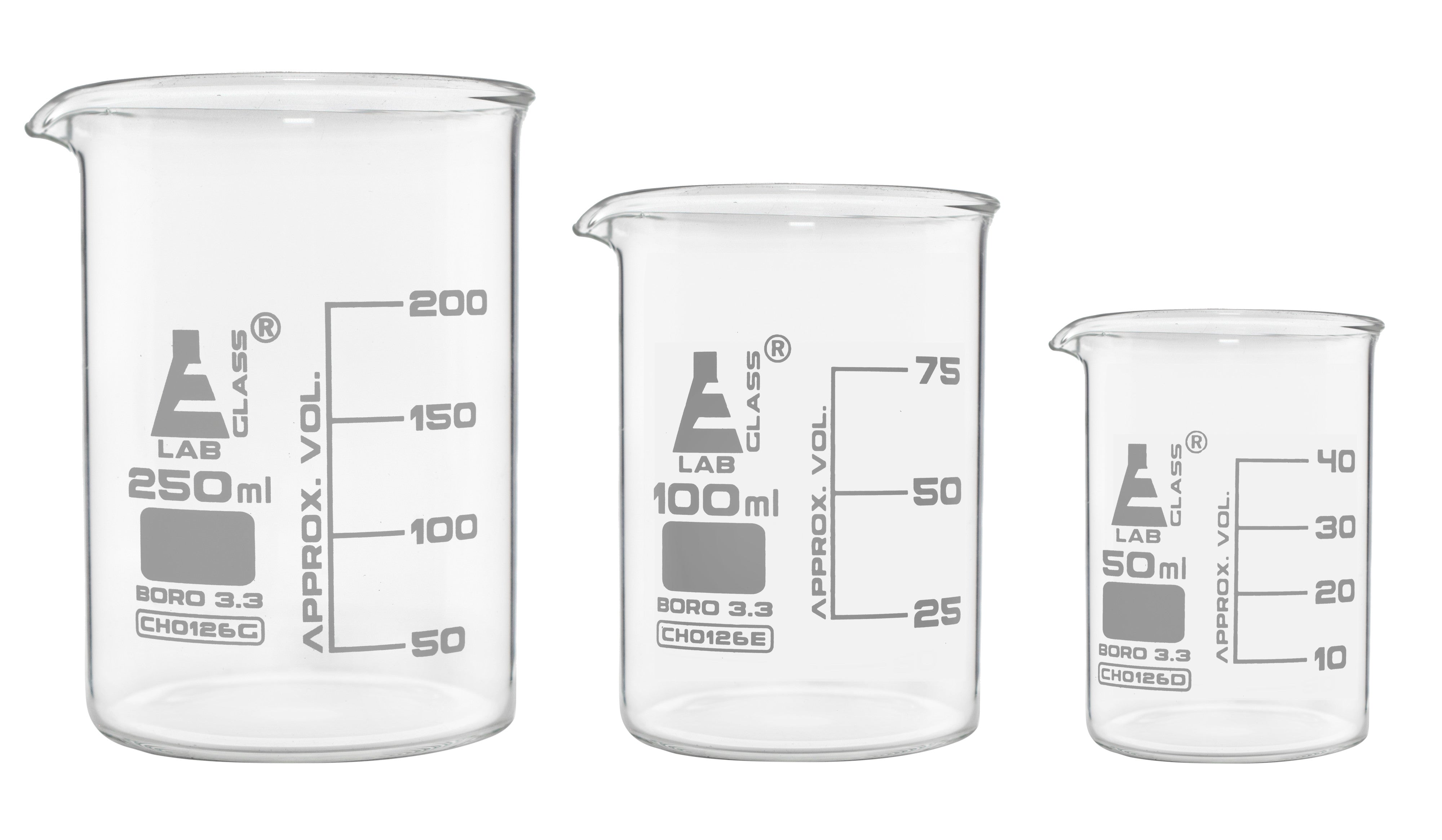 Borosilicate Glass Safety Pack Beaker Set (50ML, 100ML & 250ML), GRADUATED, AUTOCLAVABLE