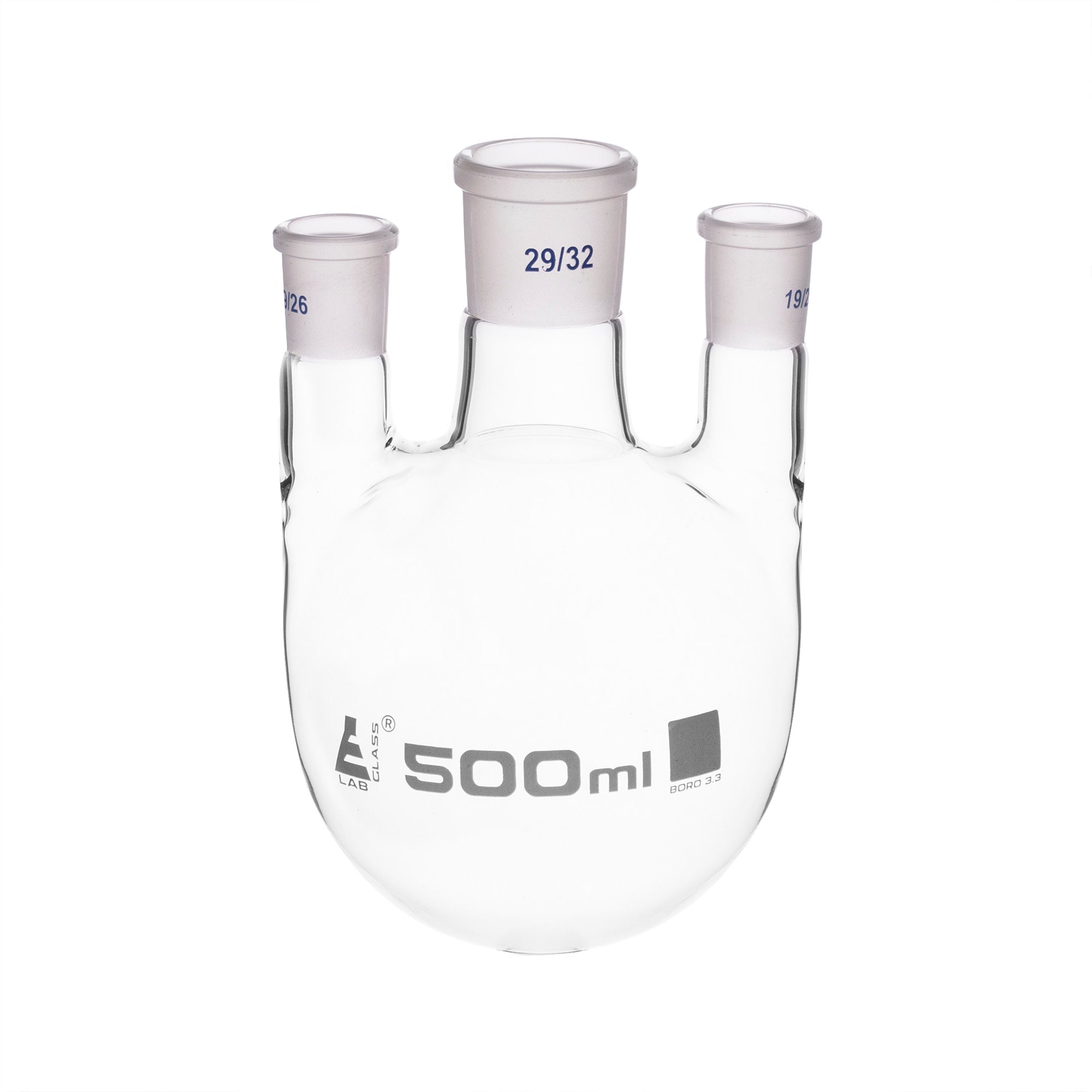 Borosilicate Glass 3 Neck Distillation Flask, 500ml, 29/32 Parallel Neck, 19/26 Side Joint, Autoclavable