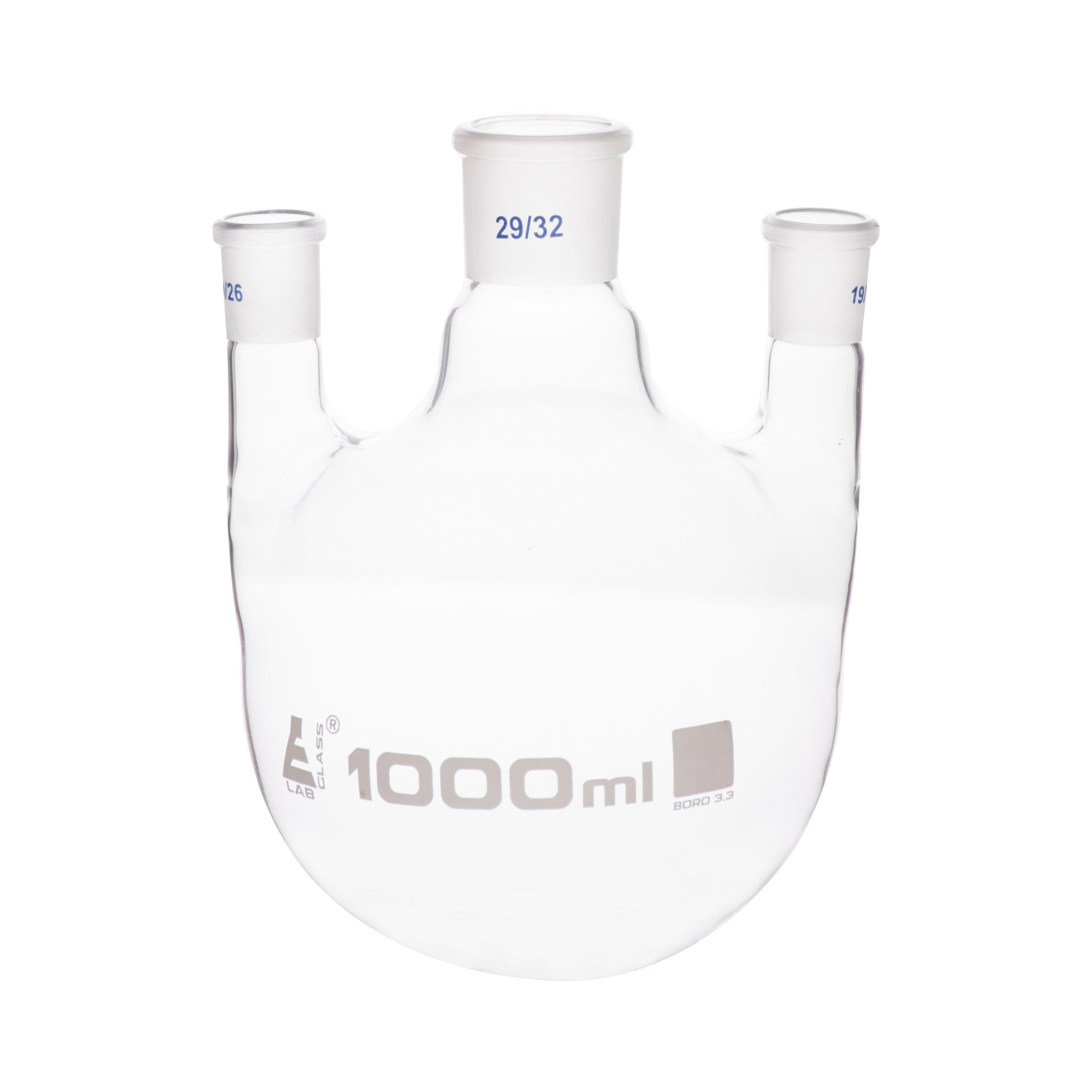 Borosilicate Glass 3 Neck Distillation Flask, 1000ml, 29/32 Parallel Neck, 19/26 Side Joint, Autoclavable