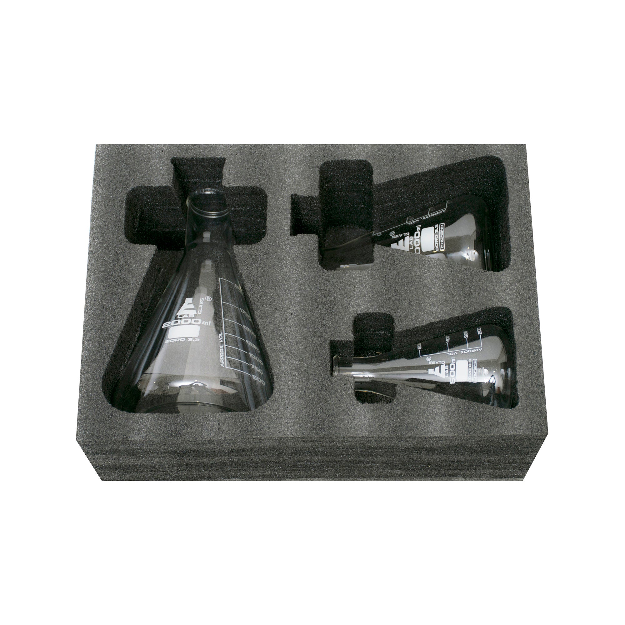 Borosilicate Glass Safety Pack Erlenmeyer Flask Set (500ml, 1000ml, 2000ml), Graduated, Autoclavable