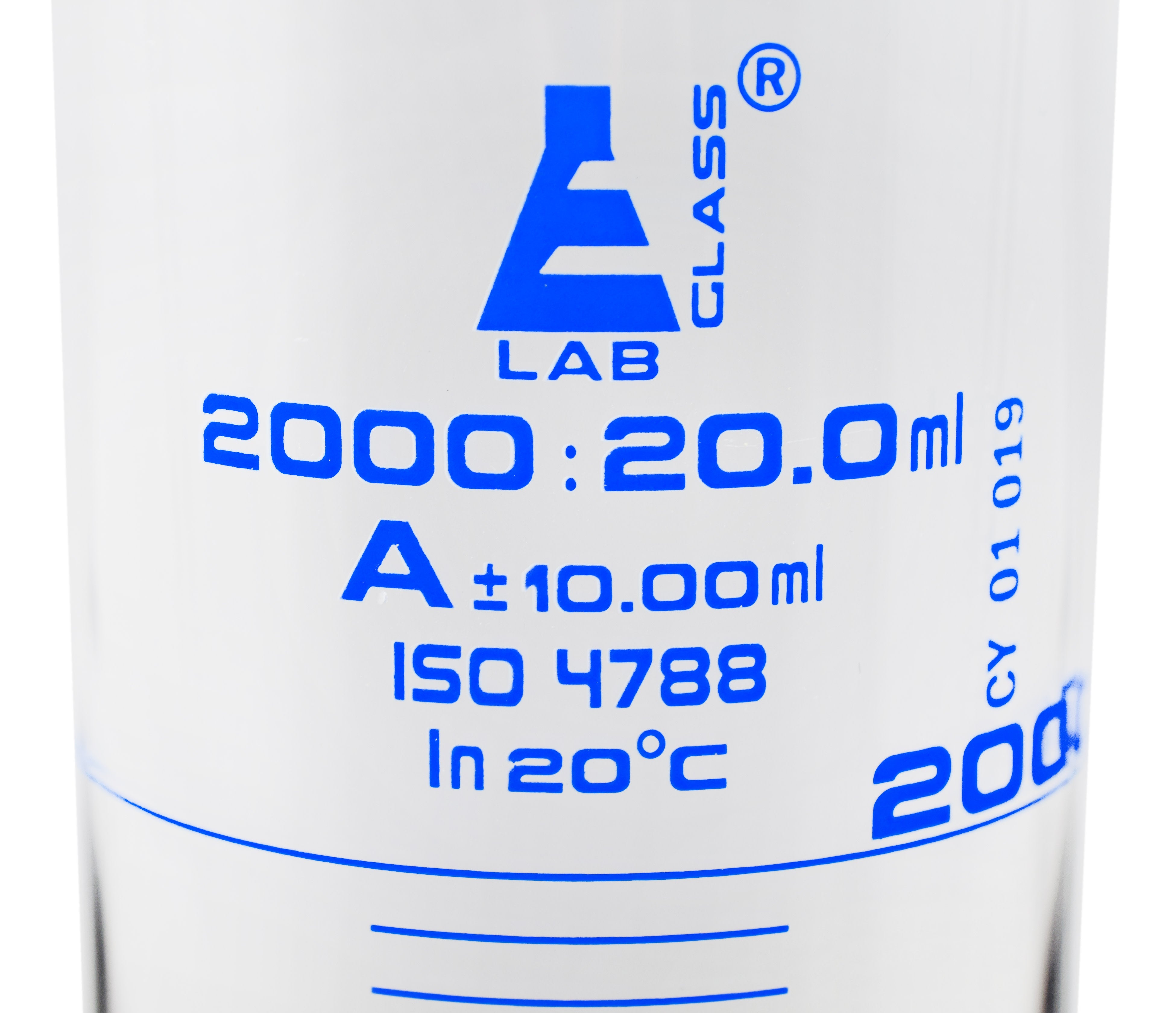 Borosilicate Glass Graduated Cylinder, 2000 ml, 20 ml Graduation, Class A, Autoclavable