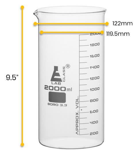 Borosilicate Tall Form Beaker, 2000ml, 100ml Graduation, Autoclavable