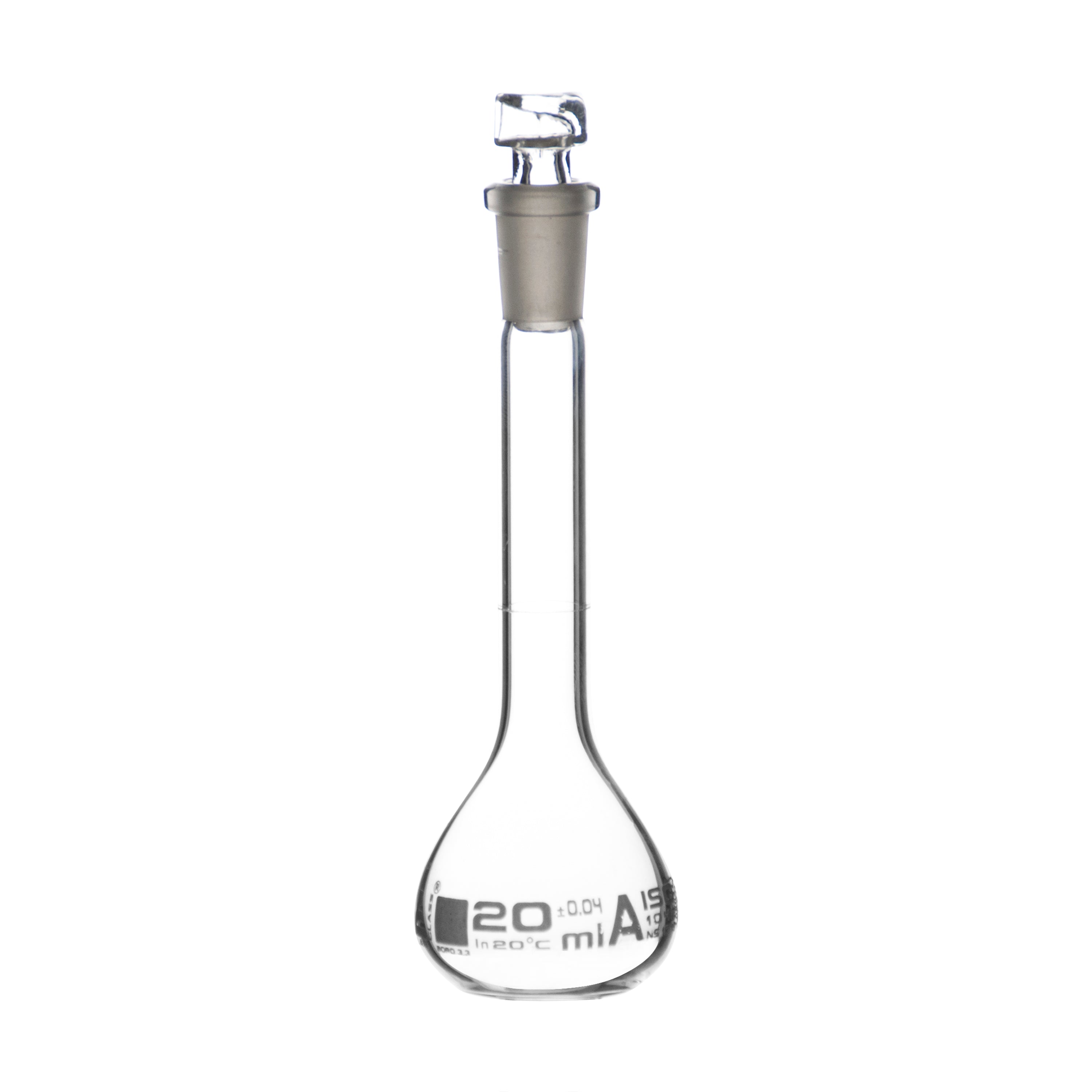Borosilicate Volumetric Flask with Hollow Glass Stopper, 20ml, Class A, White Print, Autoclavable