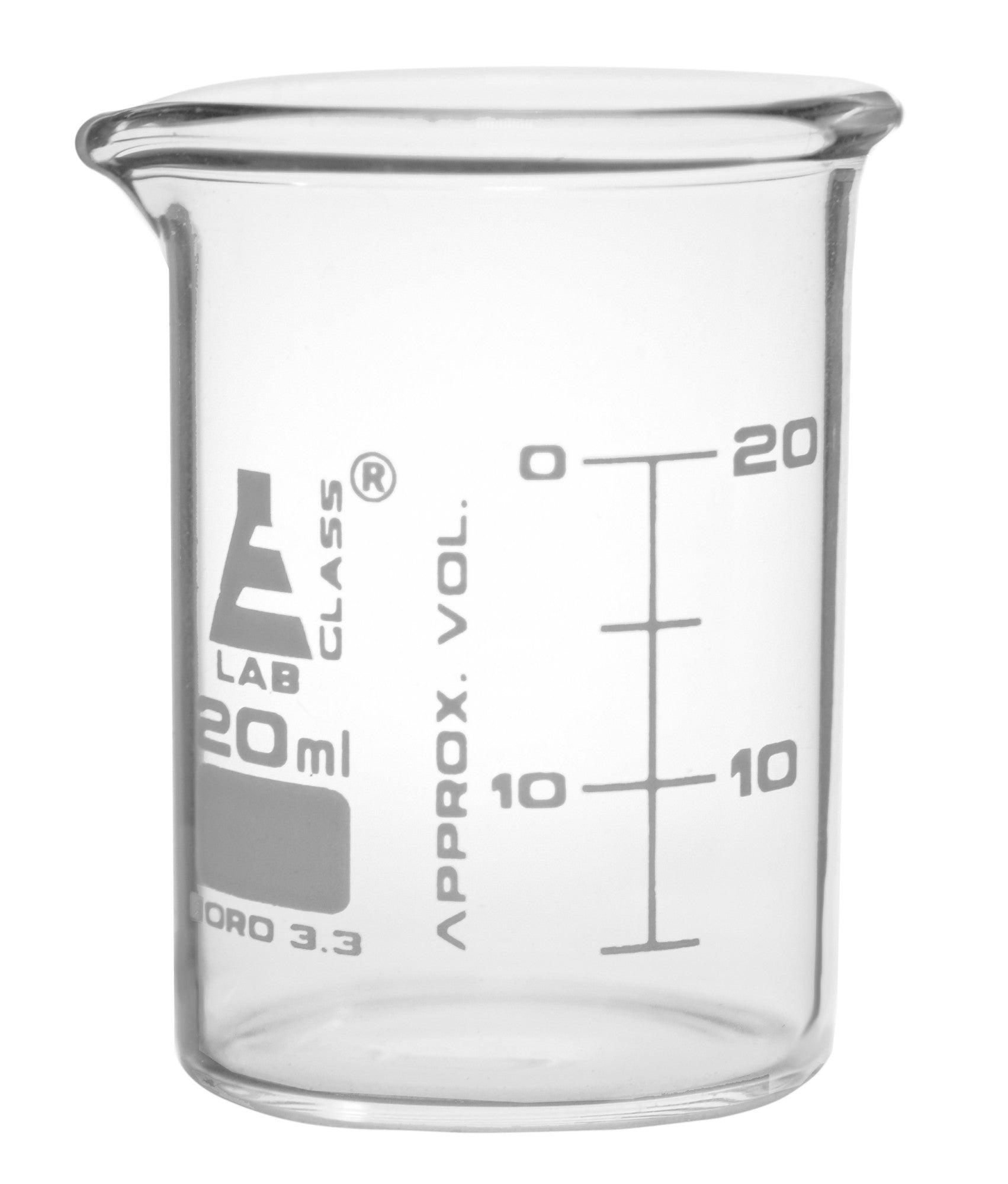 Borosilicate ASTM Low Form Beaker, 20ml, 5ml Graduation, Autoclavable