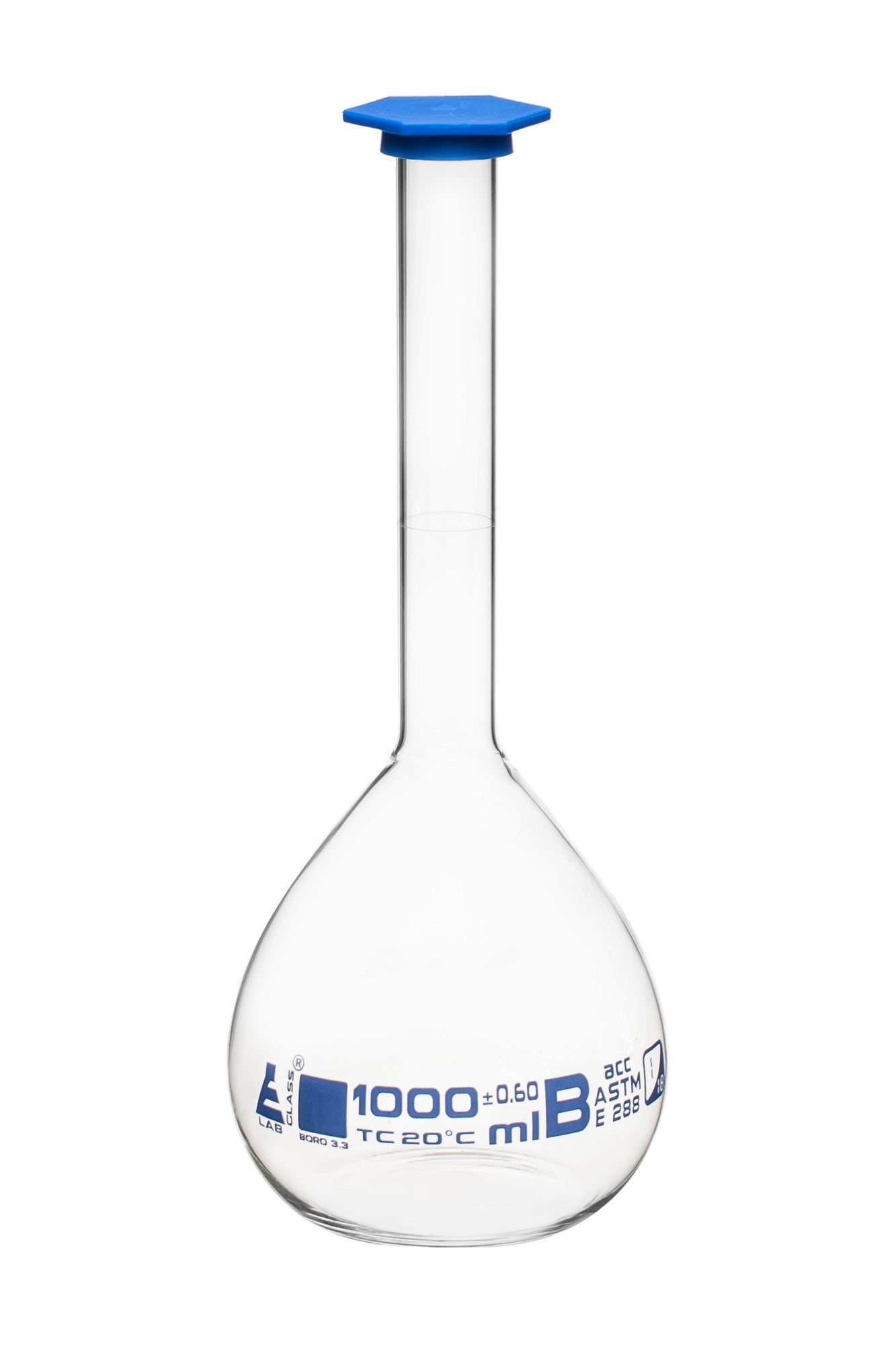 Borosilicate Volumetric Flask with Polyethylene Snap Cap, 1000 ml, Class B, Blue Print, ASTM, Autoclavable