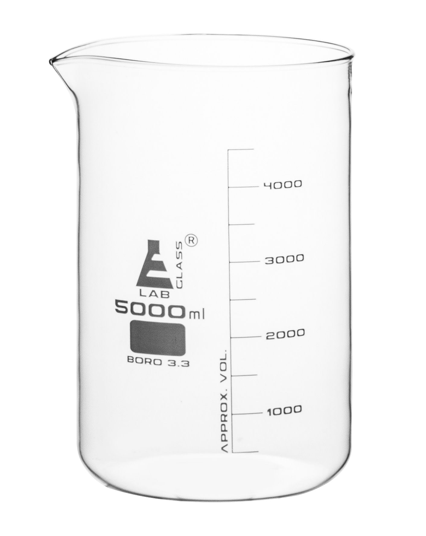 Borosilicate Low Form Beaker, 5000ml, 250ml Graduation, Autoclavable