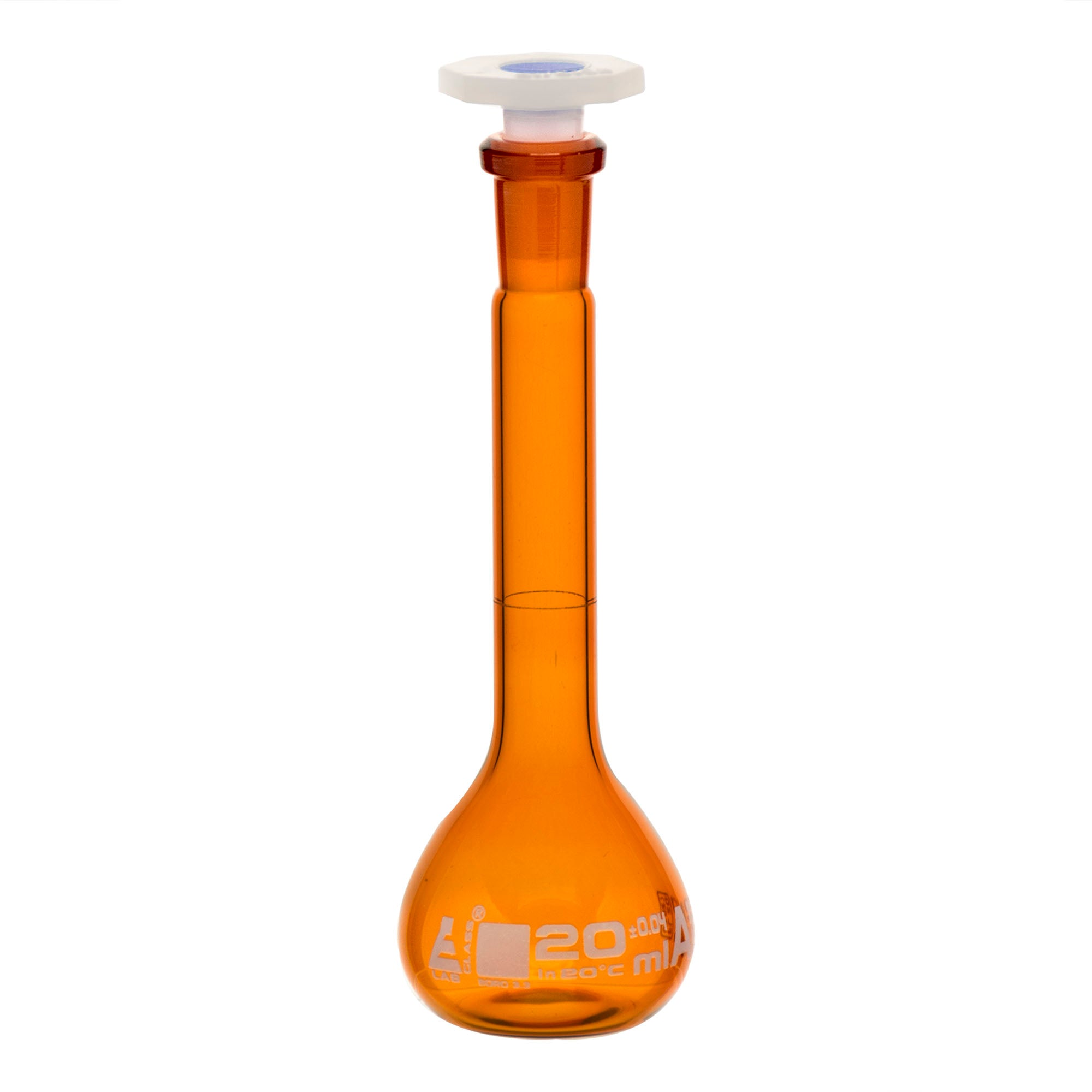Amber Borosilicate Volumetric Flask with Polyethylene Stopper, 20ml, Class A, White Print, Autoclavable